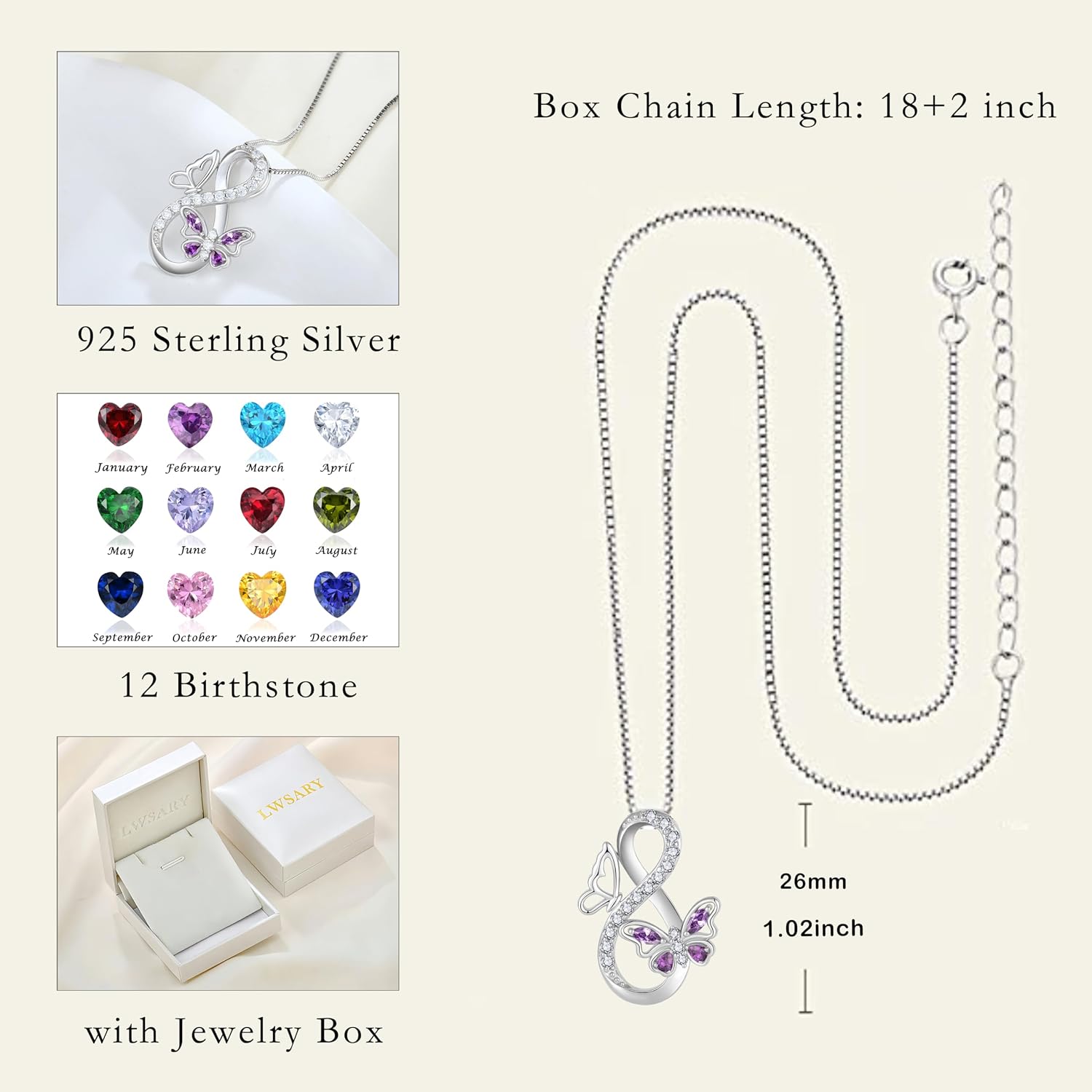 Infinity Butterfly Necklace for Women 925 Sterling Silver Birthstone Pendant Necklace Birthstone Jewelry for Her