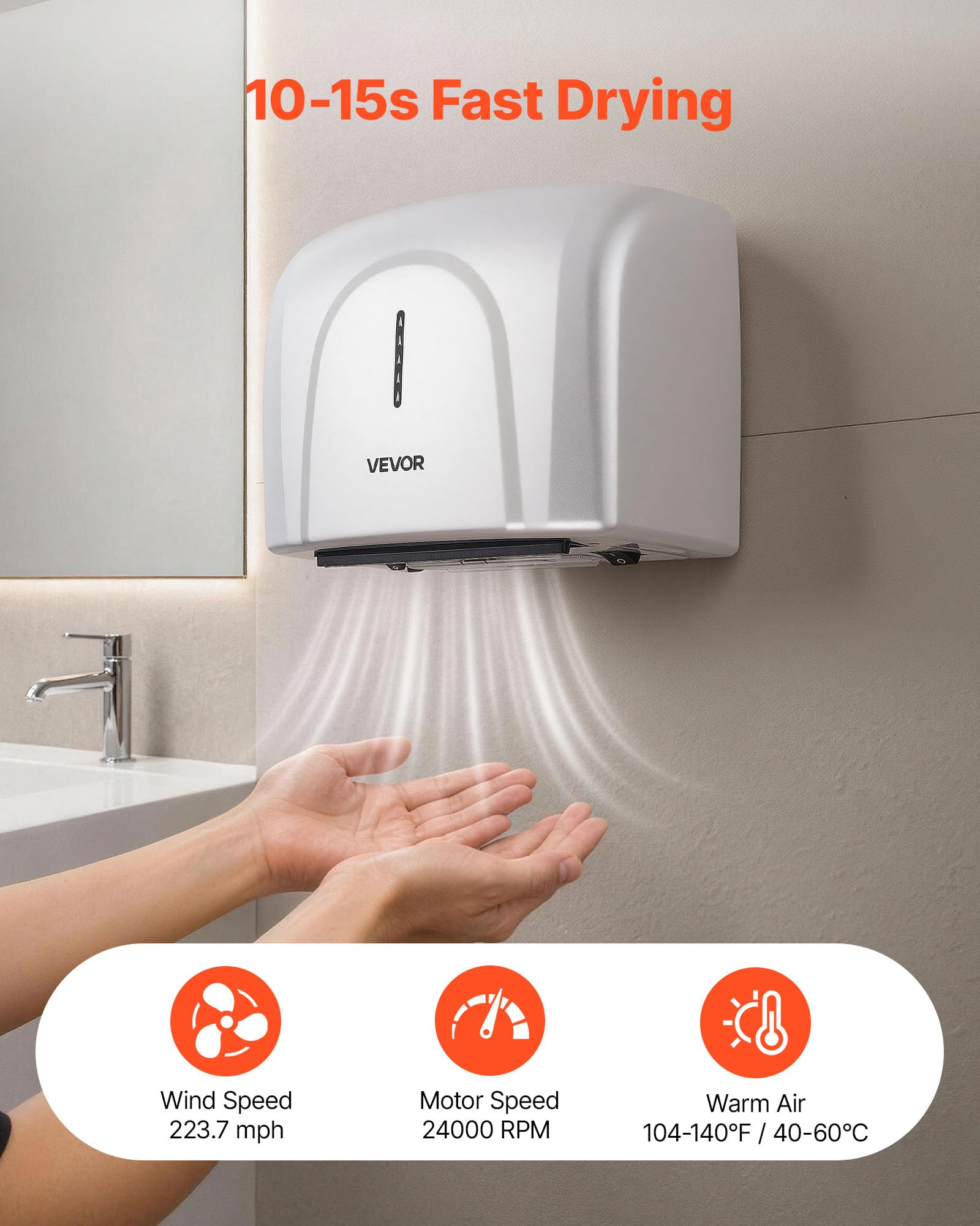 VEVOR Secador de Manos Automático de Velocidad 1300 W con Filtro HEPA | Secador de Manos de Aire Acero Inoxidable, Montaje en Pared para Baños Hoteles Aeropuertos Oficinas Hospitales Uso Comercial