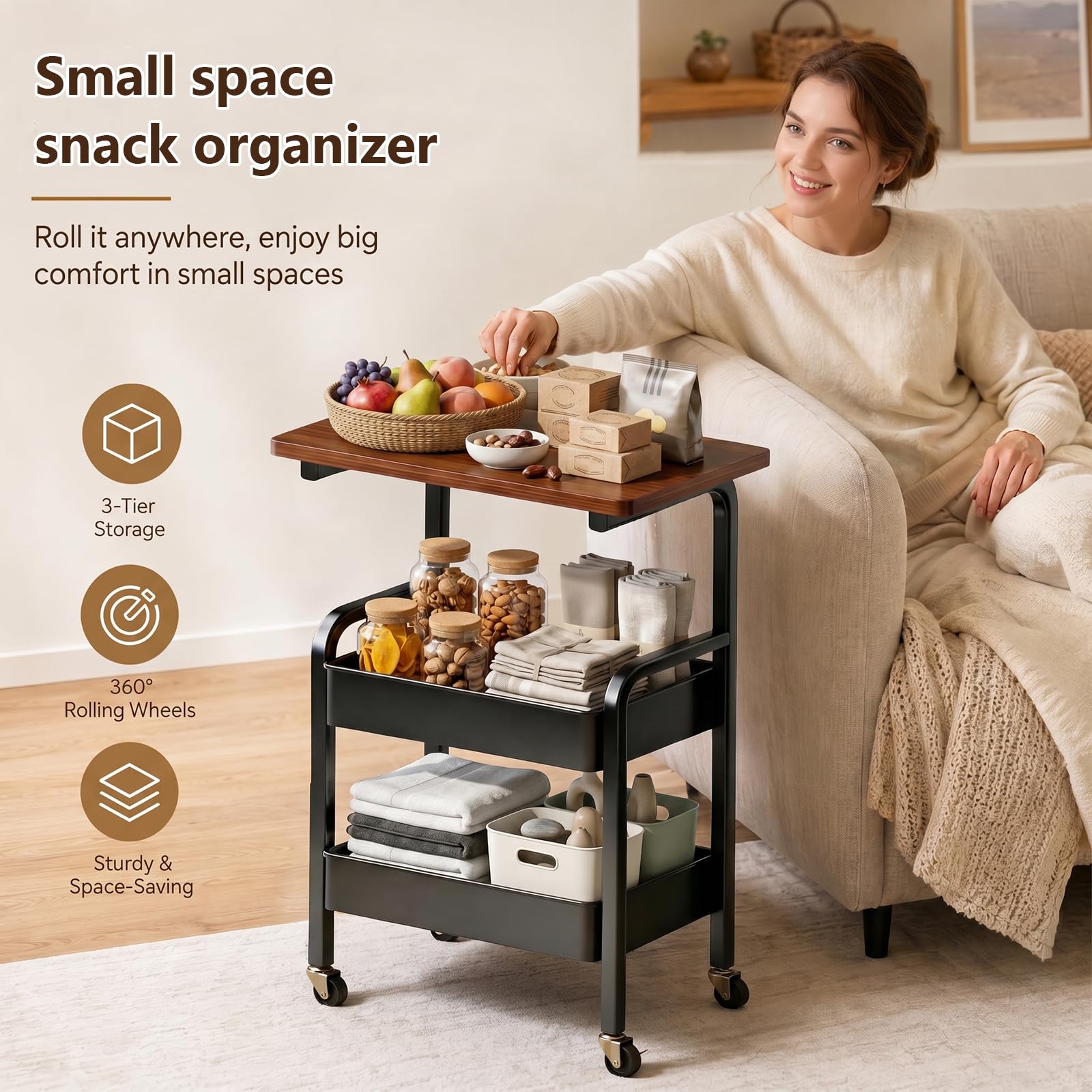 Carrito con ruedas de 3 niveles, carrito de cocina con ruedas, carrito de libros, carrito de servir, carrito de manualidades, carrito de metal con tablero de mesa, estante multifuncional para