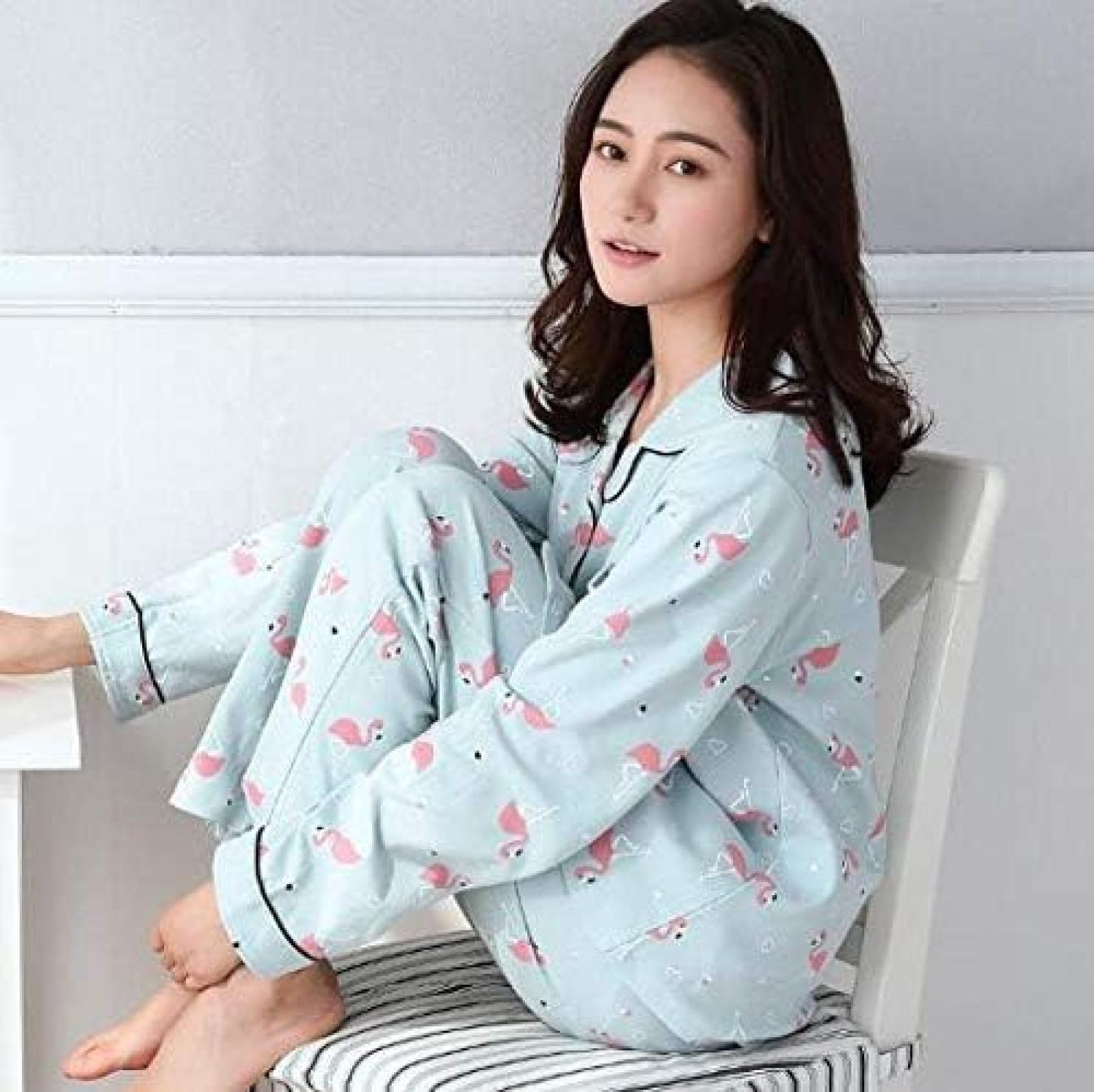 Pijamas De Algodón Para Mujer, Ropa De Dormir Estampada De Manga Larga, Conjunto De Pijama De Otoño E Invierno,Azul,SG