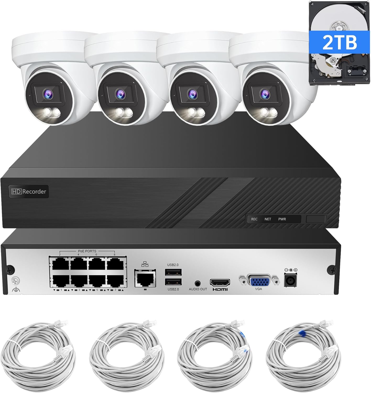 Marquis 8CH Home Security Camera System, 4pcs Wired PoE IP Dual Light Color Night Cameras Outdoor, with 4K 8CH Monitor NVR with 2TB HDD for 24-7 Recording