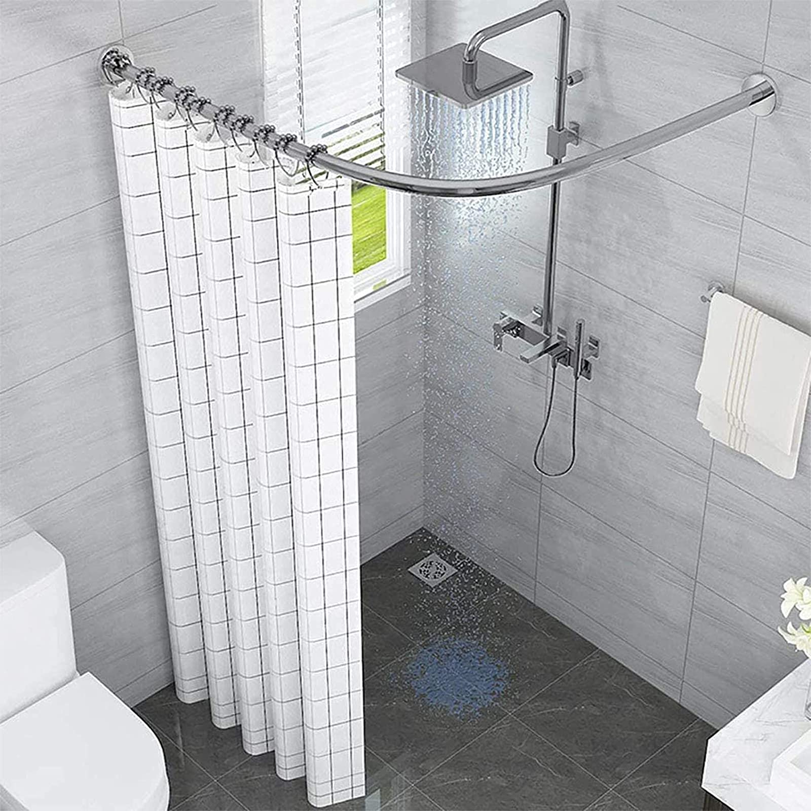 Buy BOYH L Shape Extendable Shower Curtain Rod Curved No Drill Shower ...