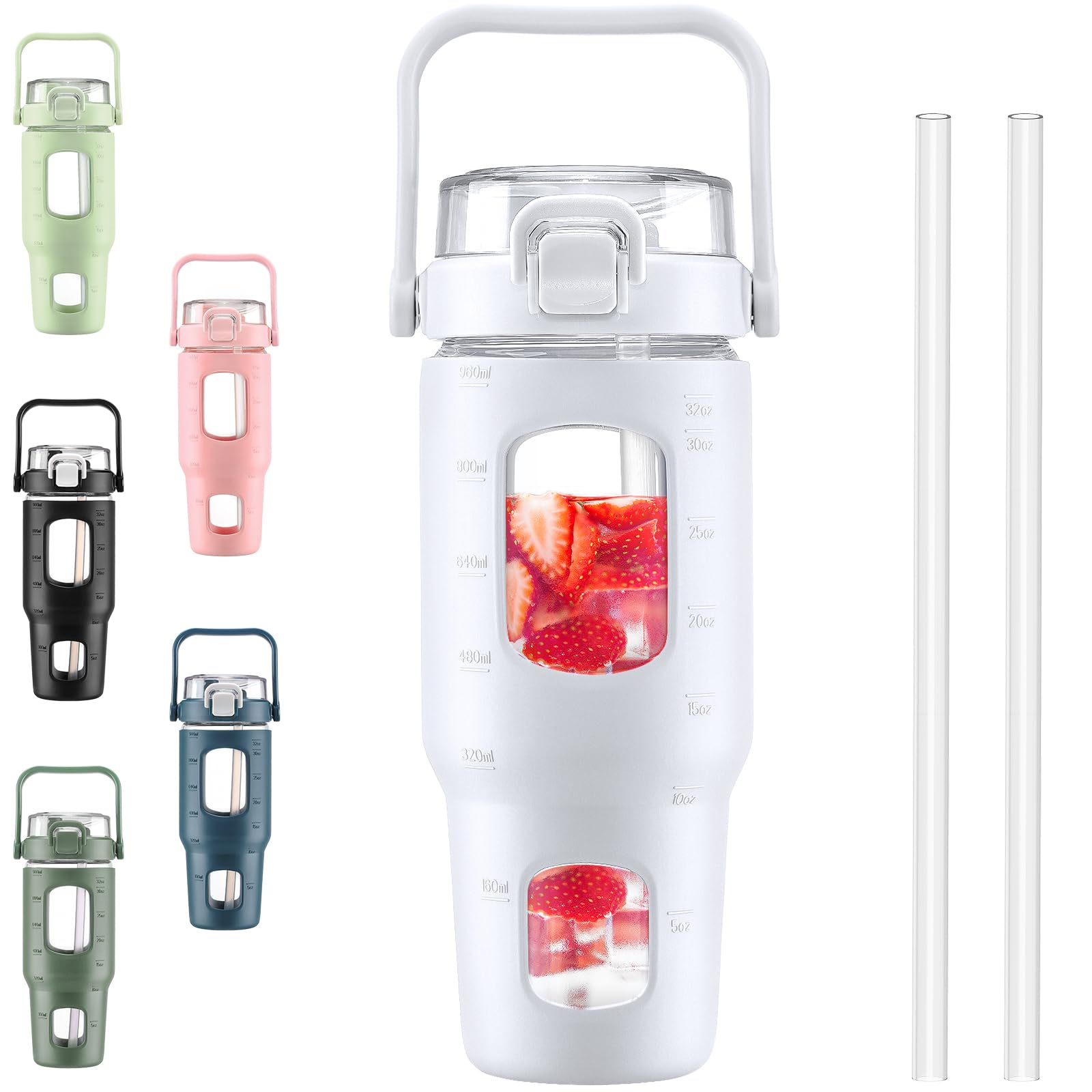 BLUEGO 960ml Bottiglie d'acqua in vetro con cannuccia e indicatore del tempo Bottiglia d'acqua sportiva grande con custodia in silicone 0,96 litri Brocca d'acqua in vetro per palestra, Bianco