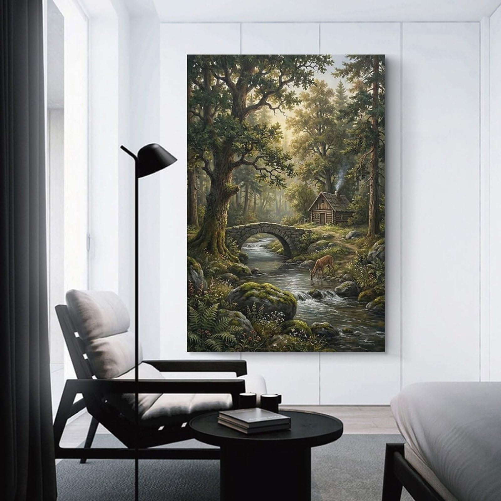 Junmoney Enchanted Forest Cabin And Bridge Wall Picture Print, 24x36inch(60x90cm), for Apartment Walls, Studios Or Work Areas, Stylish Wall Art for Fresh Spaces