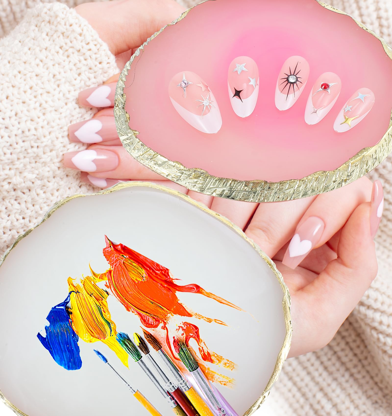 Lot de 2 accessoires de design d'ongles - Aspect agate blanc et rose - Avec bord doré - Résine de qualité supérieure - Prêt à l'emploi - Pour le nail art - Cadeau pour femme et fille - Bricolage