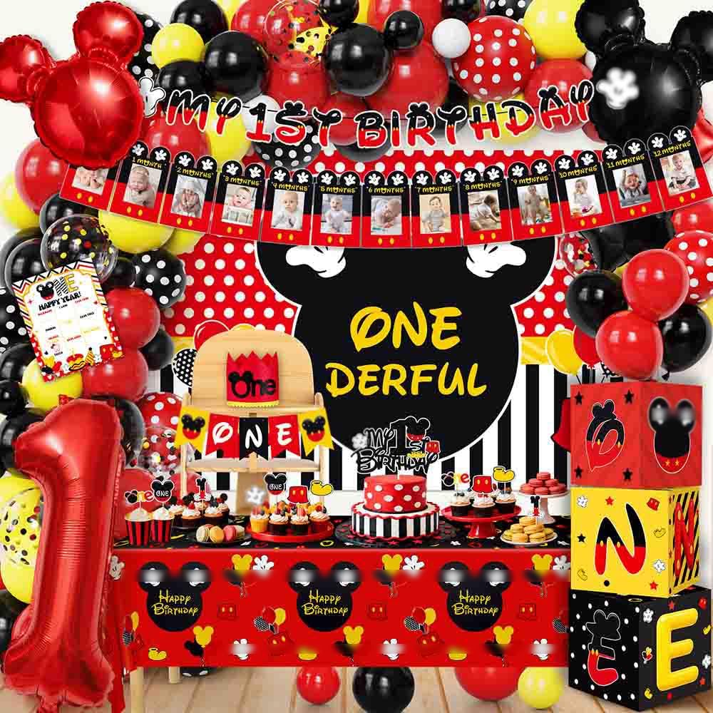 Mouse 1st Birthday Party Decorations 143Pcs First Birthday Decorations Backdrop Balloons Arch Box High Chair Banner Bday Party Idea for Baby Boys Girls