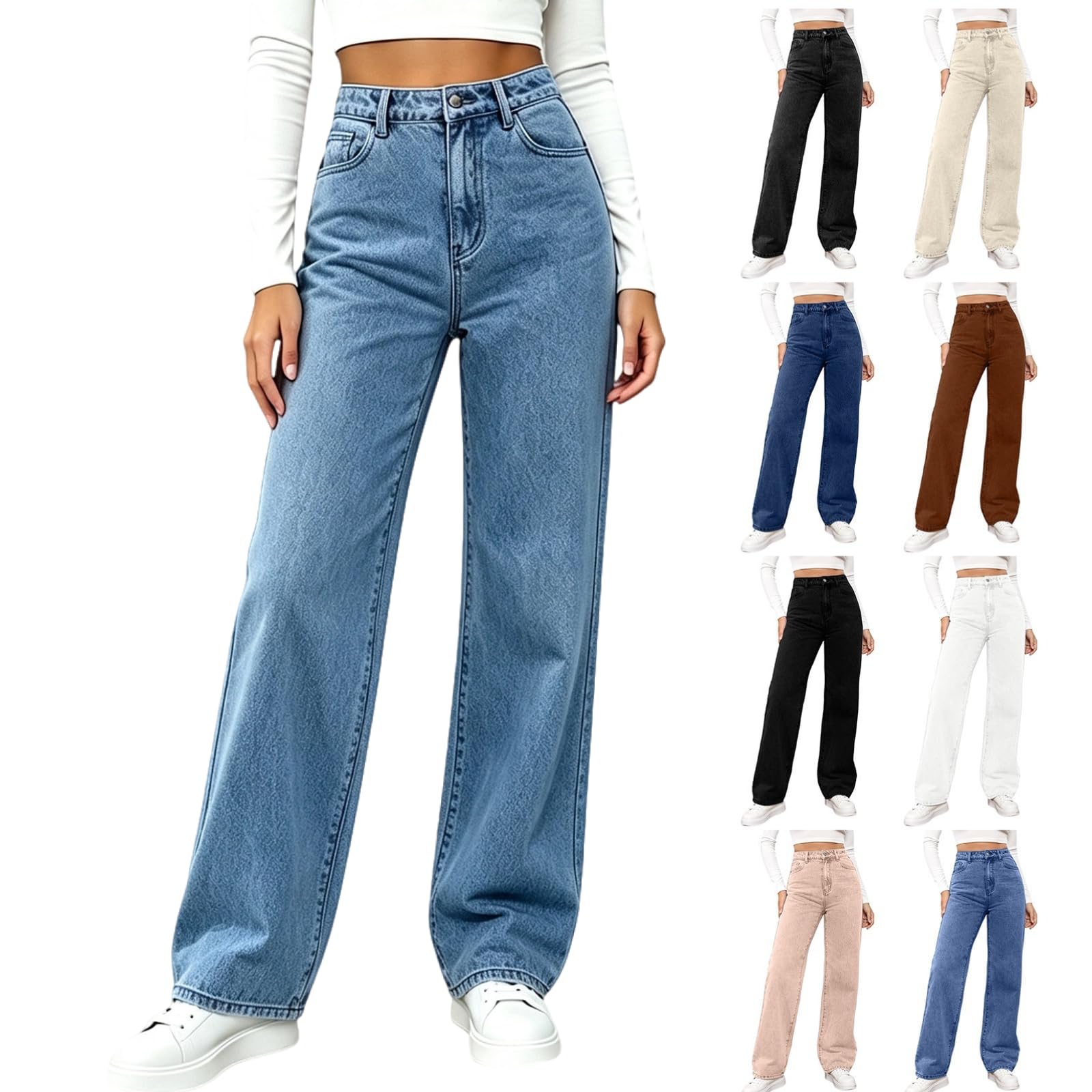 Straight Leg Jeans for Women High Waisted Stretchy Button Denim Pants