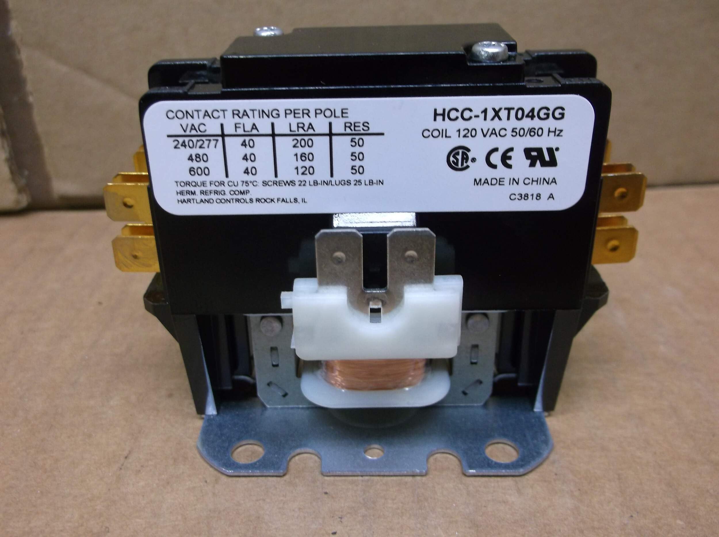 HCC-1XT04GG 1 Pole 40 AMP Contactor with Shunt, Coil:120VAC, Hertz:50/60