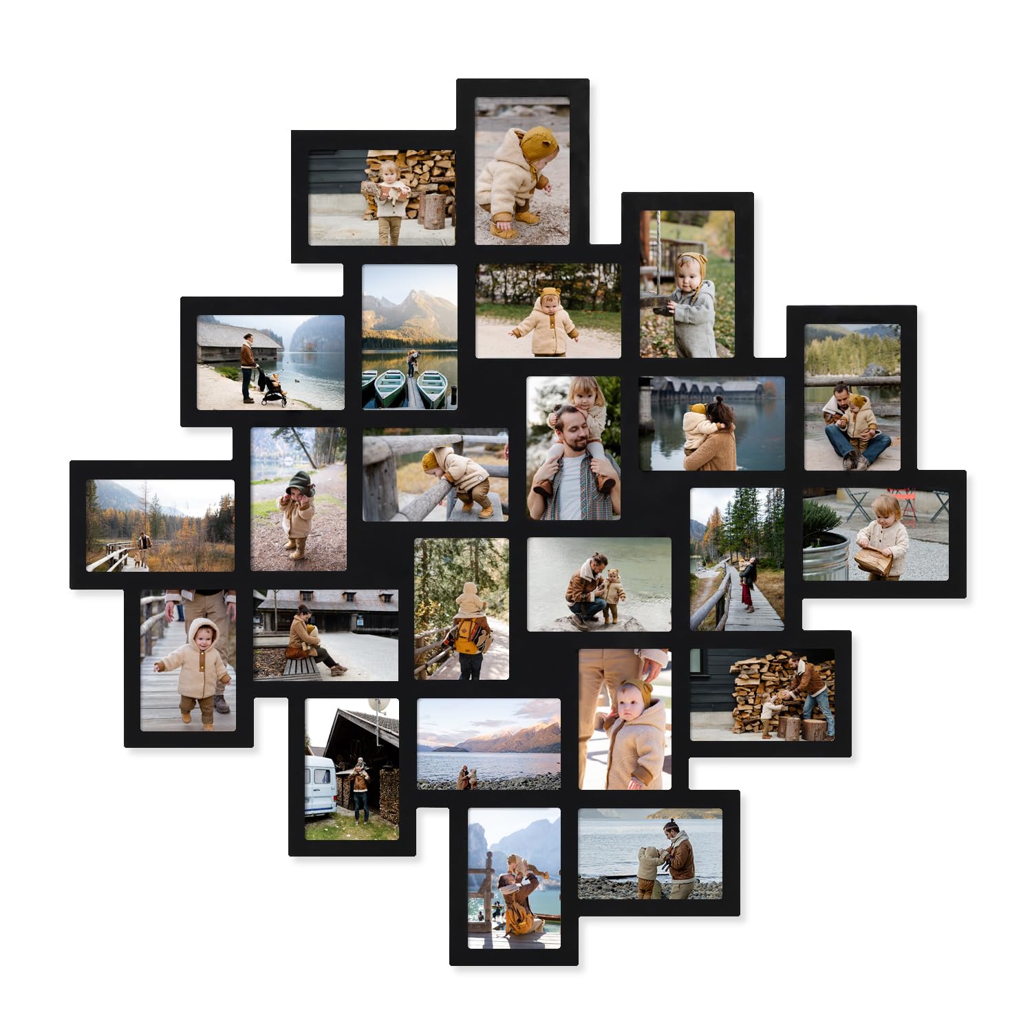 Adeco Photo Frame 24 Openings Black Wood Wall Hanging Collage Clustered, 4 by 6"