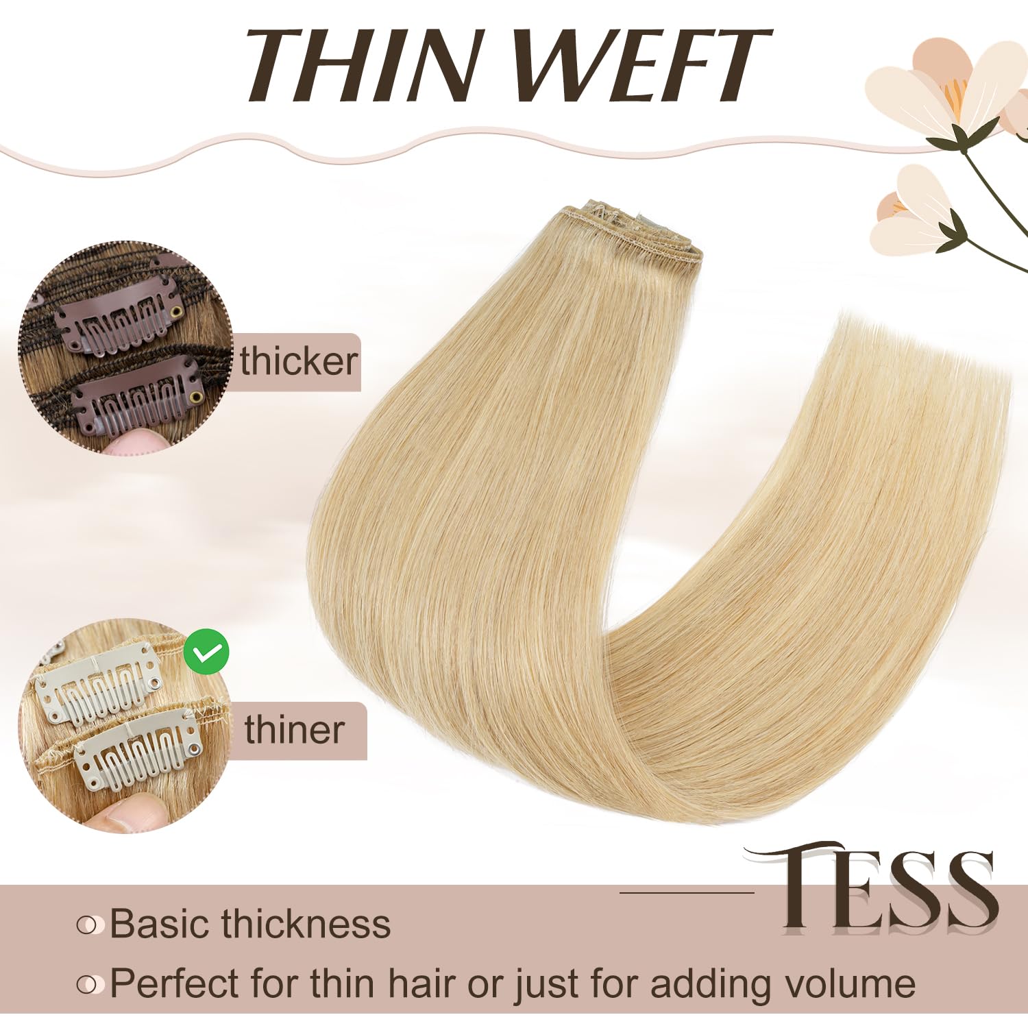 TESS Clip in Hair Extensions Real Human Hair Blonde Remy Seamless 8 Pieces Straight for Women/Girls (#24 Natural Blonde, 12 Inch 55g) - Image 4