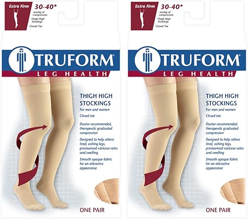 Miniatura 2 de Truform Medias de compresión de 30-40 mmHg para hombres y mujeres, longitud alta hasta el muslo, parte superior de puntos, punta cerrada, negro, M,