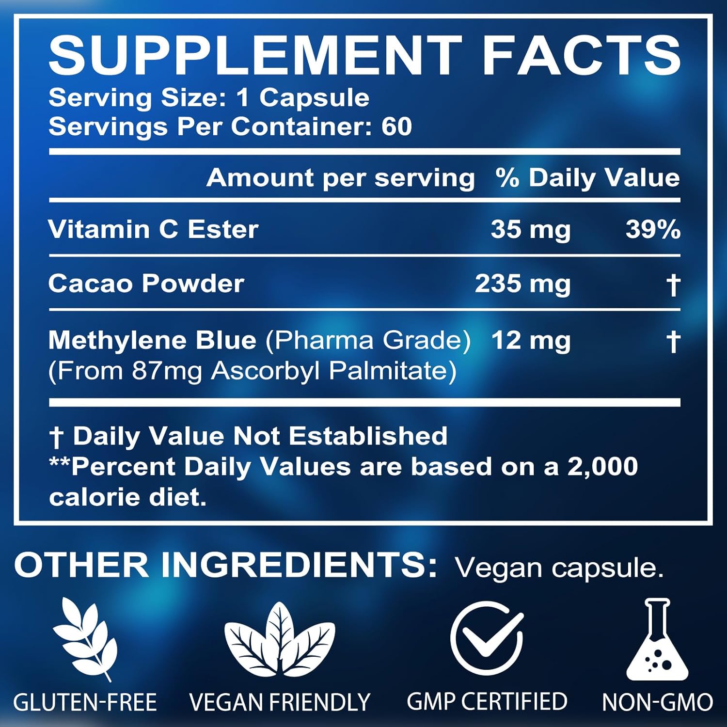 Methylene Blue Capsules, USP Grade Capsule Form Methylene Blue 12 Mg for Human with Added Vitamin C Ester- Supports Cognitive Function & Enhances Absorption, 60 Capsules - Image 3
