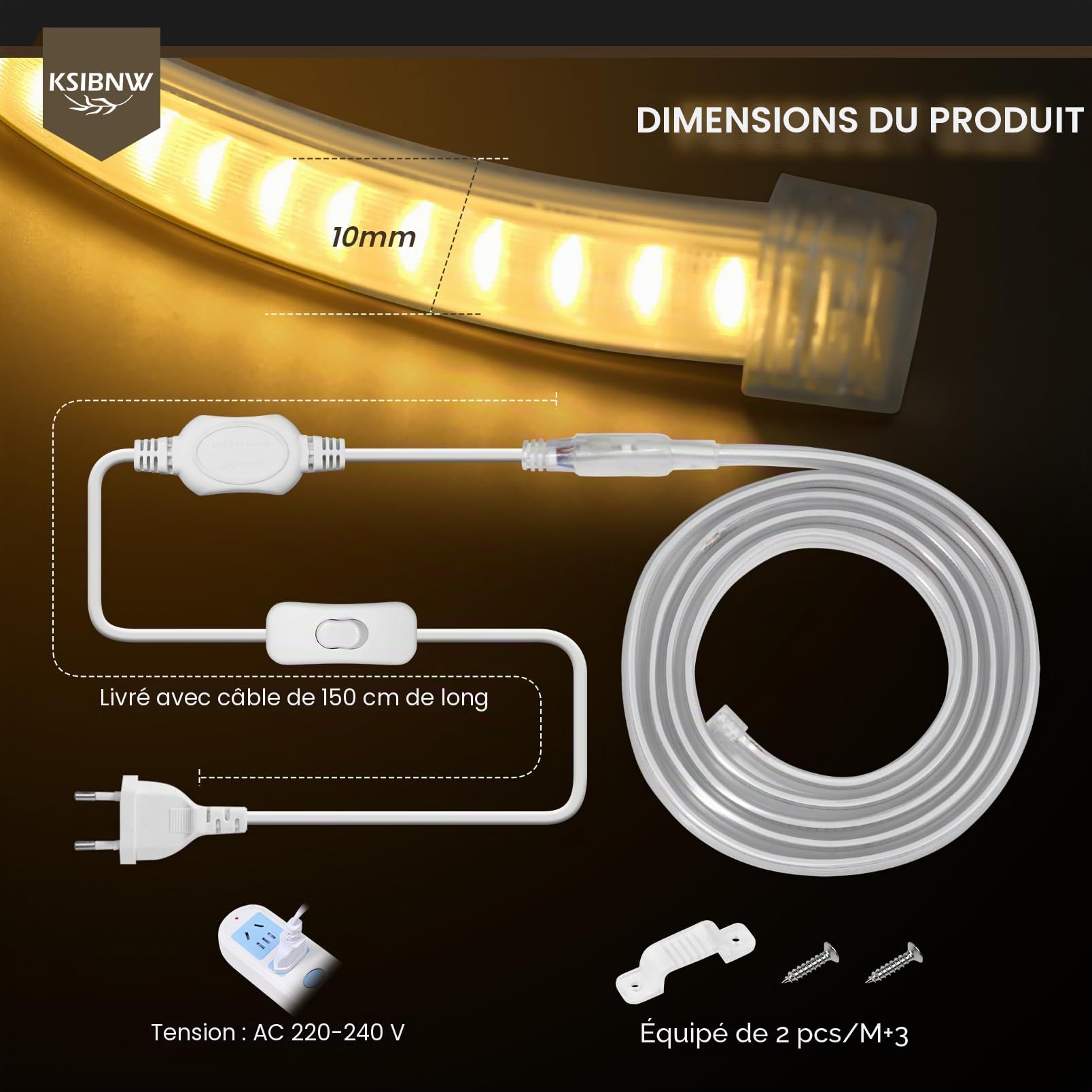 KSIBNW Ruban LED Exterieur Etanche 10M, Blanc Chaud Néon Bandeau LED 220V Etanche IP65 Bande Lumineuse Ultra Haute Luminosité 145LEDs/M pour Chambre Cuisine Intérieur Extérieur, inclus Adaptateur