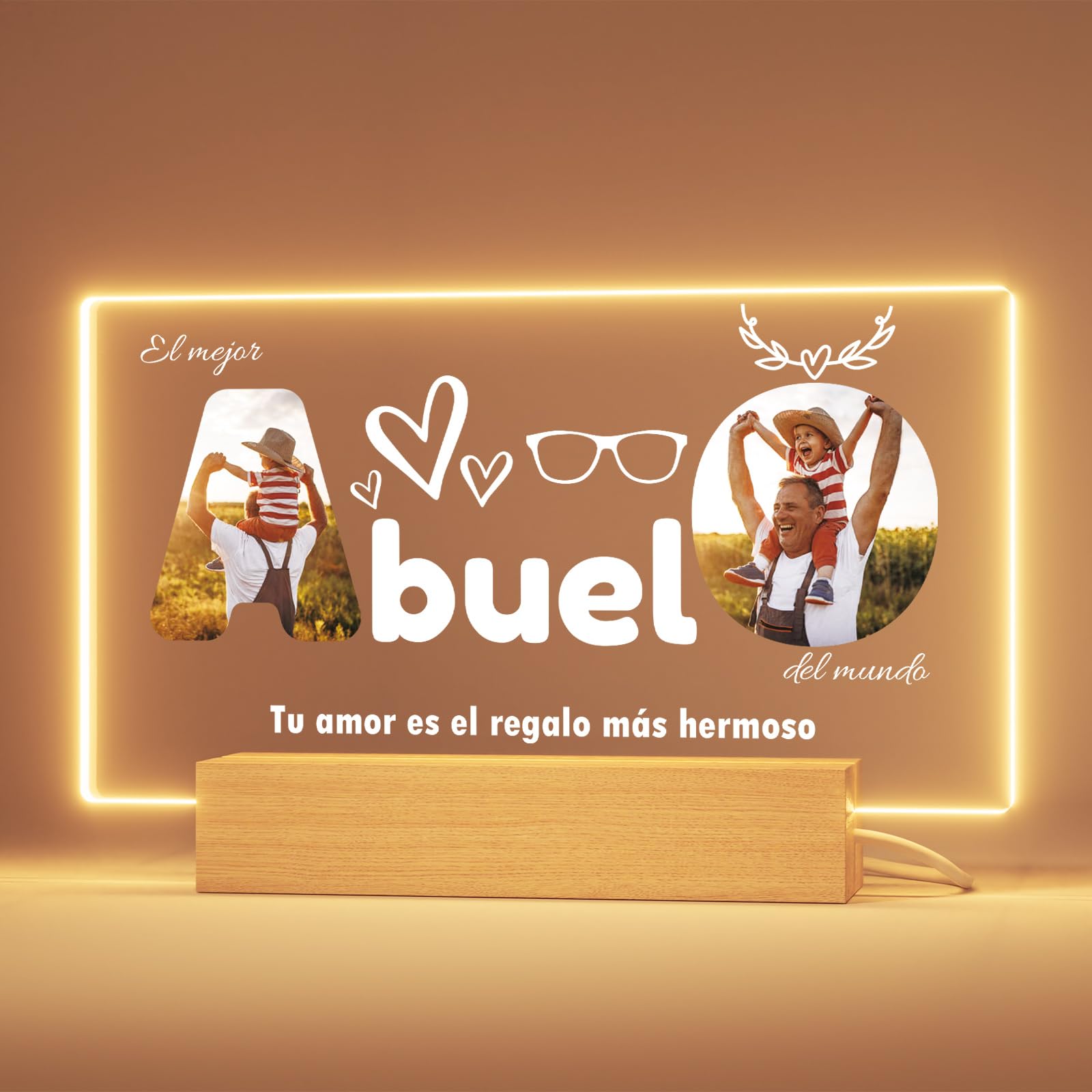 Greatminer Regalo Personalizado Abuelo - Marco de Fotos Abuelo, Base con Iluminación Opcional, Regalos Originales Cumpleaños Navidad