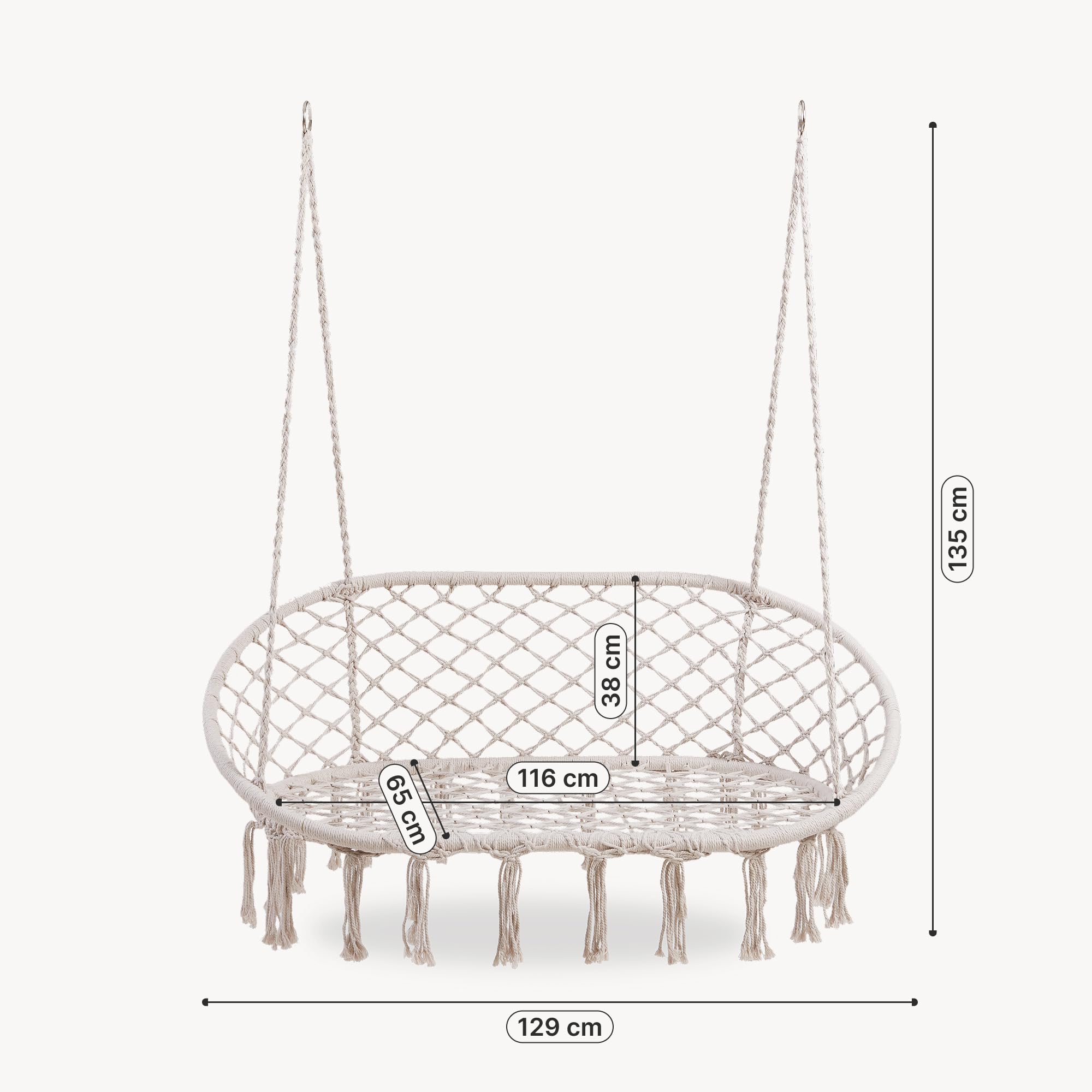 casa.pro Fauteuil Suspendu Kailua Balancelle pour 2 Personnes avec Large Assise 135 x 129 x 65 cm Tressé Style Bohème Indoor Outdoor Capacité de Charge 200 kg Blanc Crème