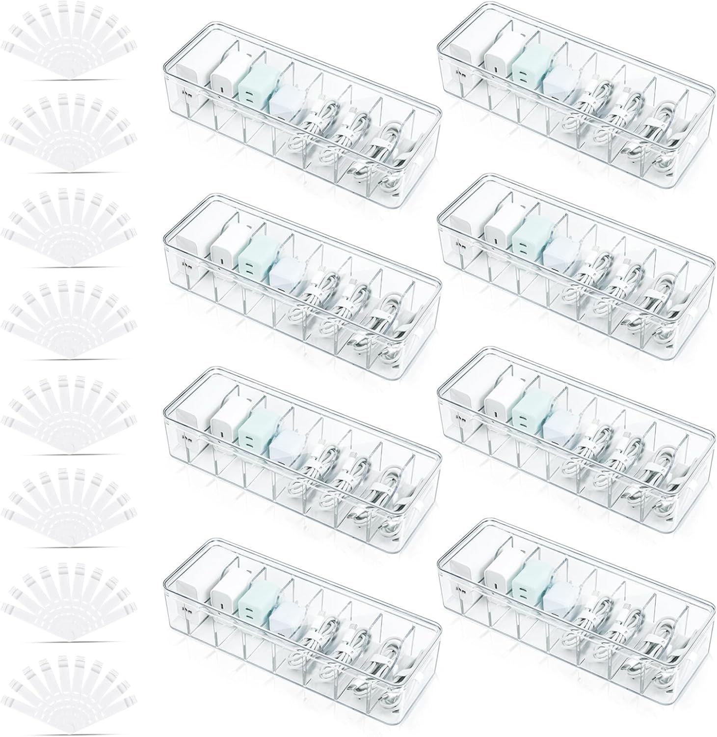 8 Pack Cable Organizer Boxes with Lid, Clear Plastic Cord Storage Boxes for Home & Office, 8 Dividers & 80 Wire Ties Included (27 x 9.5 x 6 cm)