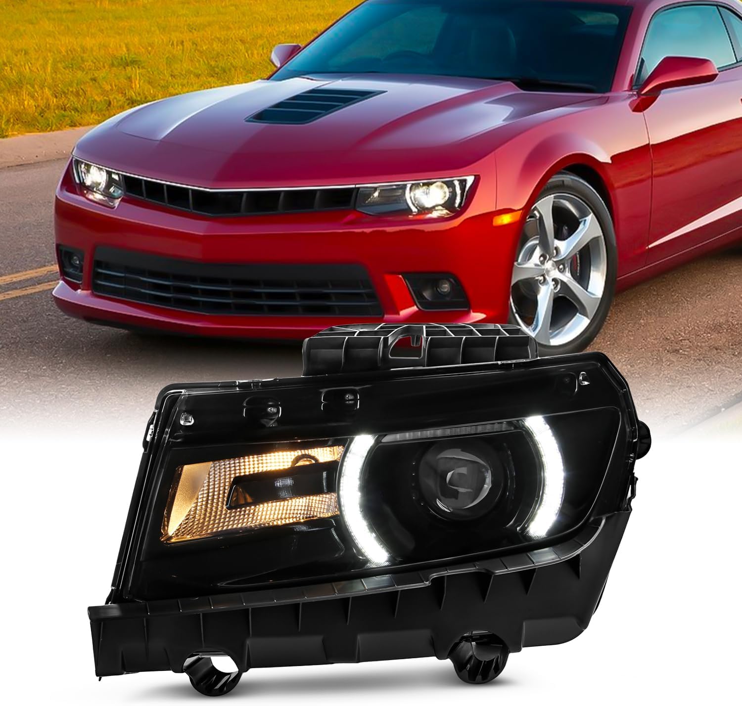 AKKON - Fits 2014-2015 Chevy Camaro LS LT SS [HID/Xenon Type] Projector Black Headlight w/LED DRL Running Driver Left