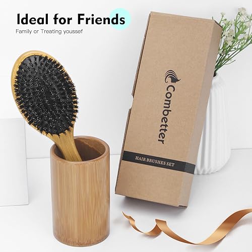 Miniatura 8 de Cepillo de pelo 100% de cerdas de jabalí, cepillo de cerdas suaves para hombres, cepillo alisador y desenredante para cabello largo, rizado, fino,