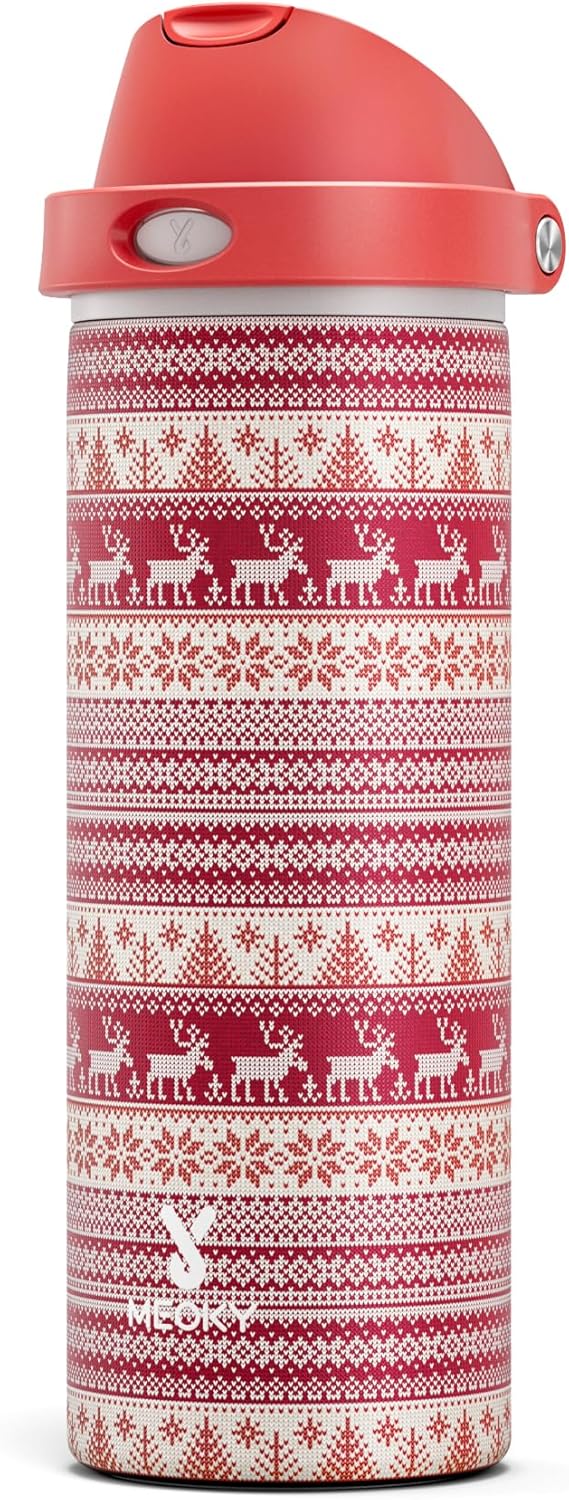 24 oz Insulated Water Bottle for Christmas: Meoky Stainless Steel Water Bottle with Straw and Spout Lid – Leak Proof, Cold for 24 Hours, Fits in Car Cup Holder, Christmas Gifts for Adults, Winter Trio