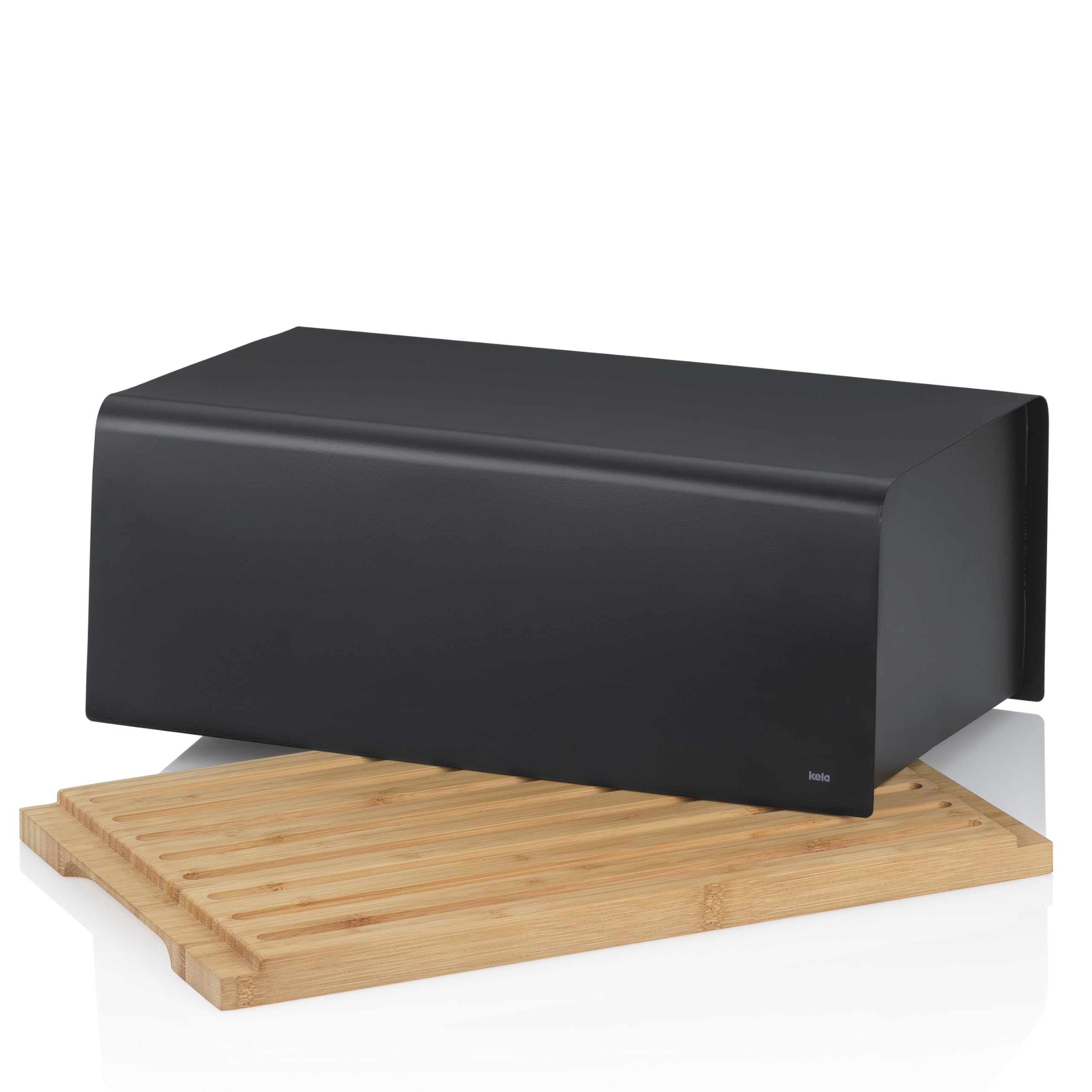 kela Brotkasten schwarz 38x23x16cm, FSC Bambusauflage als Schneidebrett, matte Metall Brotbox, KIRIL, Brotaufbewahrungsbox