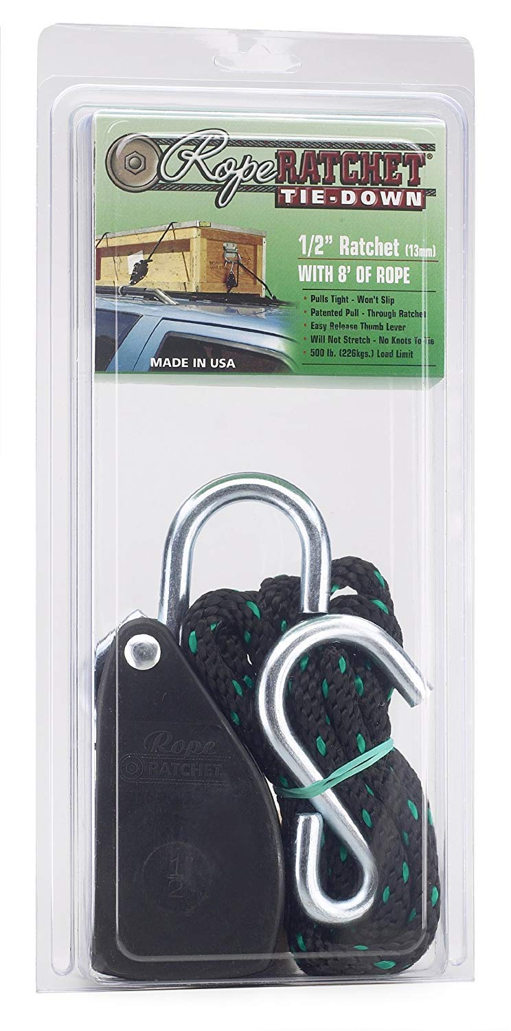 Rope Ratchet 10030 1/2" Rope Pulley Rope Hanger, 8' Solid Braided Polypropylene Rope, Locking Pulley, 500 lbs Weight Capacity