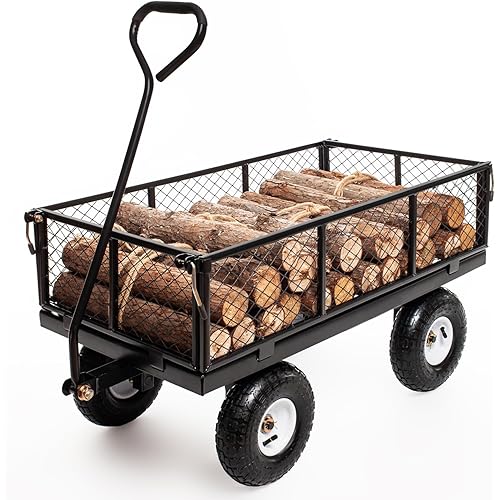 Heavy Duty Steel 900Lbs Wagon Garden Carts, Utility Pullable with Removable Folding Sides, All Terrain Wagons for Outdoor, Garden, Farm, Yard, 43" x 21"x 21" inch, Black