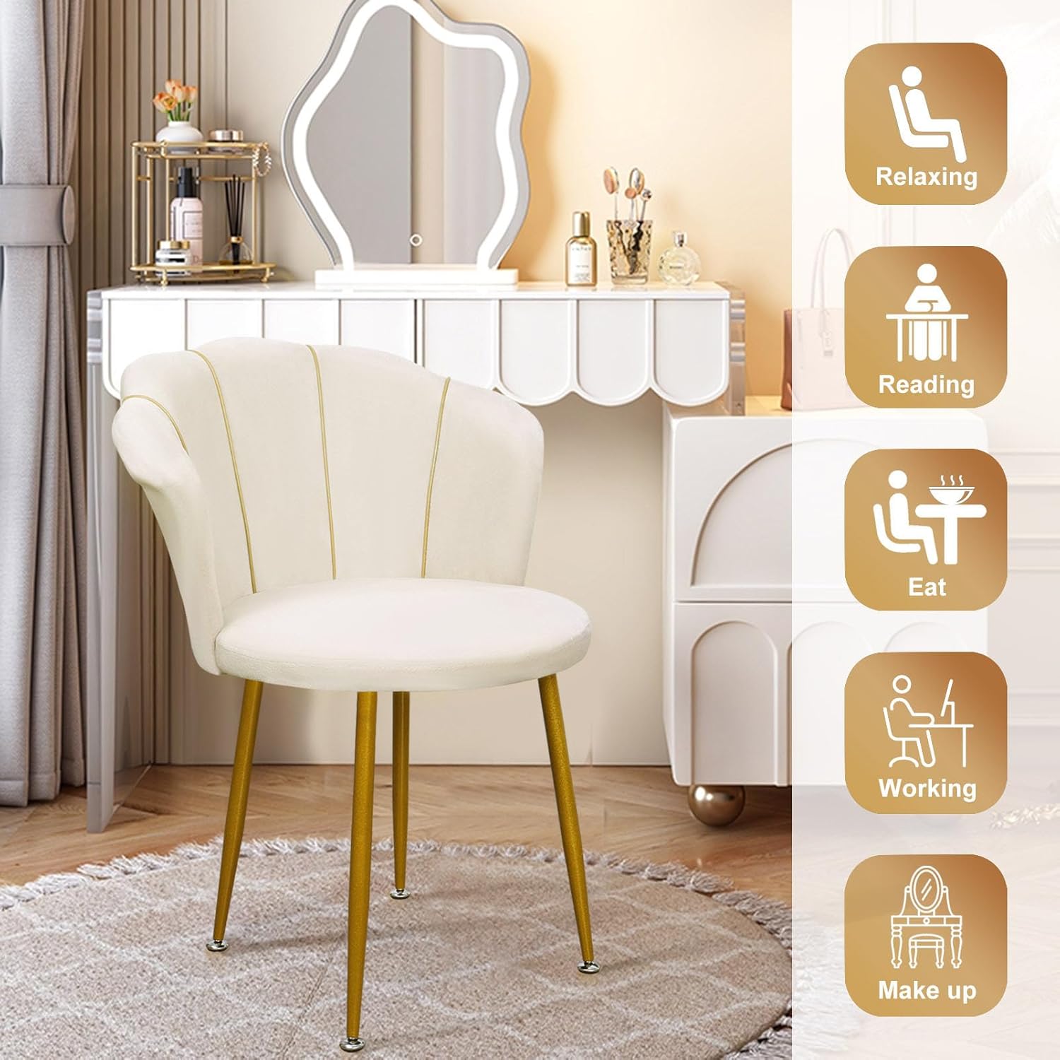 Chair Vanity, Upholstered Velvet Chairs with Golden Legs, Dresser Stool for Makeup Room, Chairs for Vanity, Dining Chair with Petal-Shaped Backrest for Bedroom, Study, Home Office, Makeup White