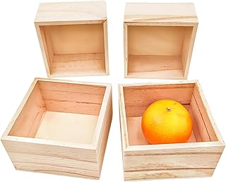 4 Pack Unfinished Wooden Craft Storage Organiser Boxes, 4 x 4 x 2.4 inch Small Square Wood Box, Rustic Natural Wood Container Box for Home Venue Decor