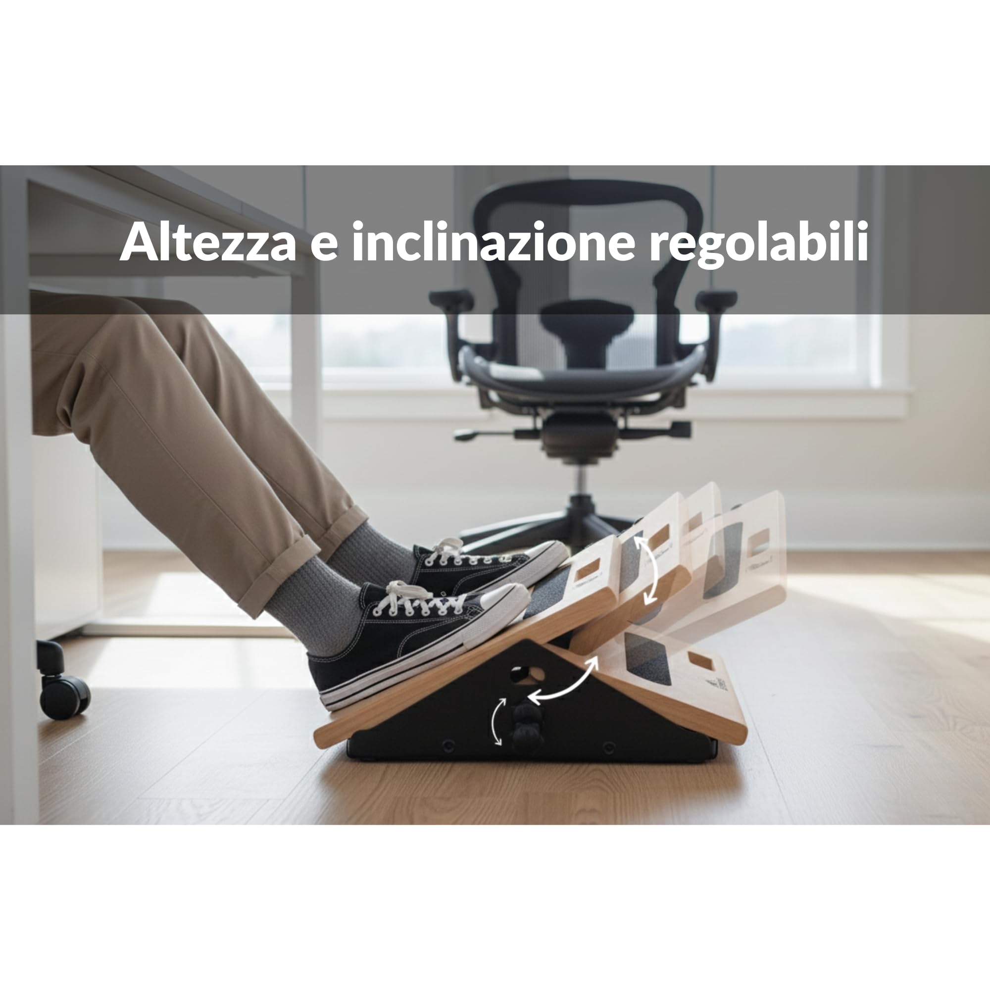 Poggiapiedi da scrivania ergonomici in altezza regolabile per scrivanie basso movimento morbido con ruote, suola base in legno e acciaio, design minimalista ed elegante, ideale per la casa e