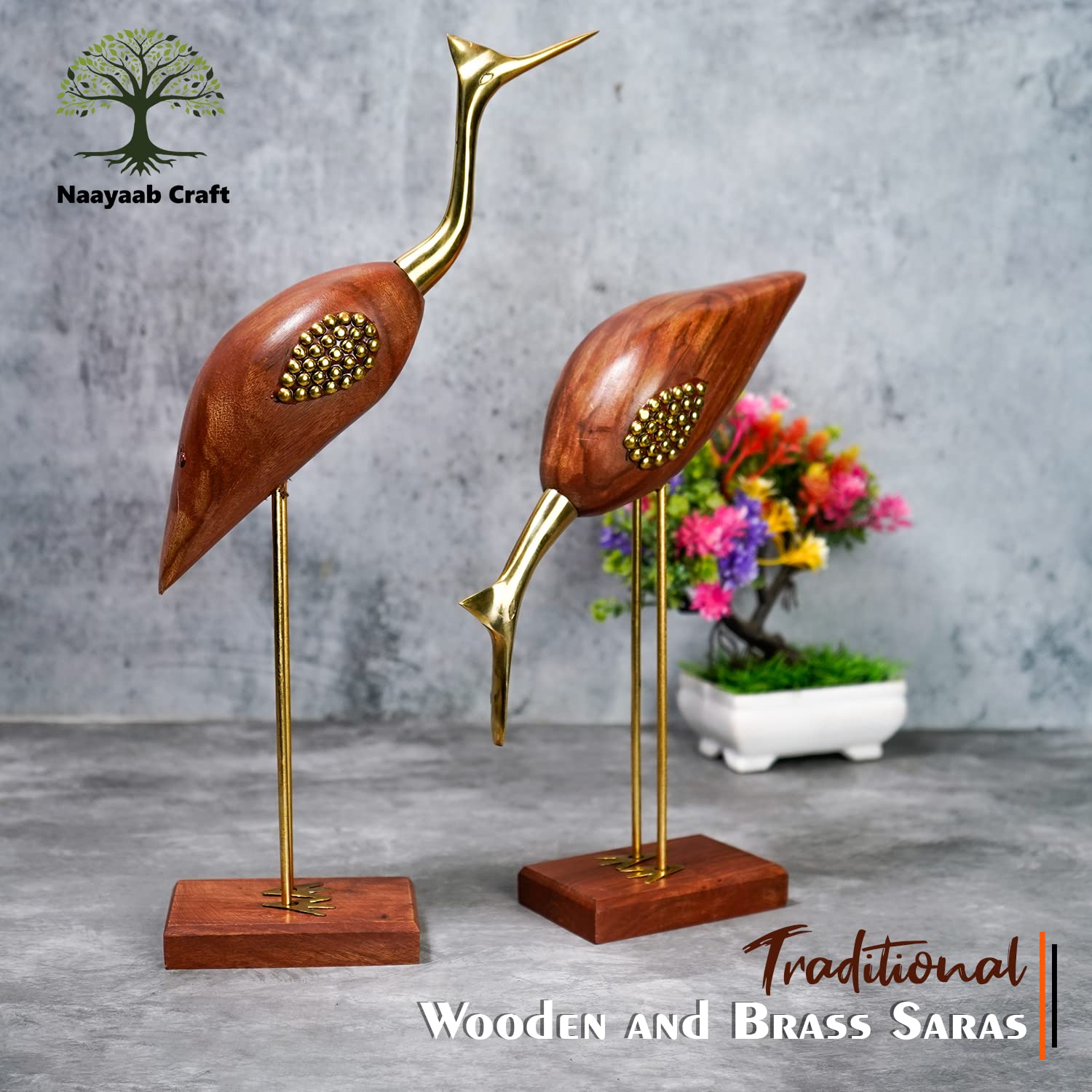 Naayaab Craft Good Luck Swan Home Decor Showpiece, Idols, Figurine for Home Office Décor,Love Bird Saras Made of Pakka Sheesham Wood and Brass - (Maroon, 12inch) Set of 2, Love 3