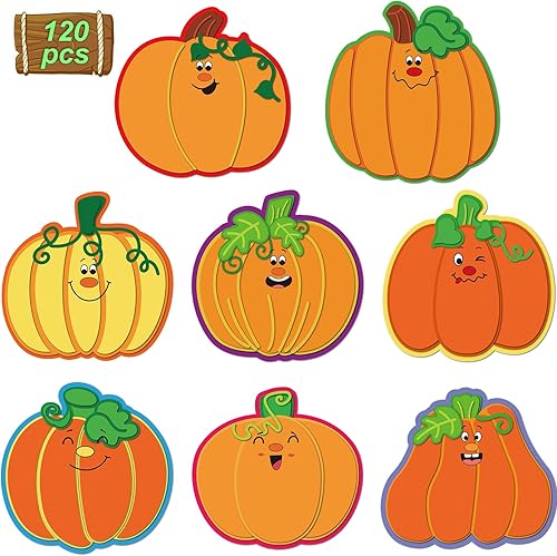 Blulu 120 piezas de decoración de calabaza recortados de cartón con punta de pegamento para aula, tablón de anuncios escolar, tema de otoño, fiesta