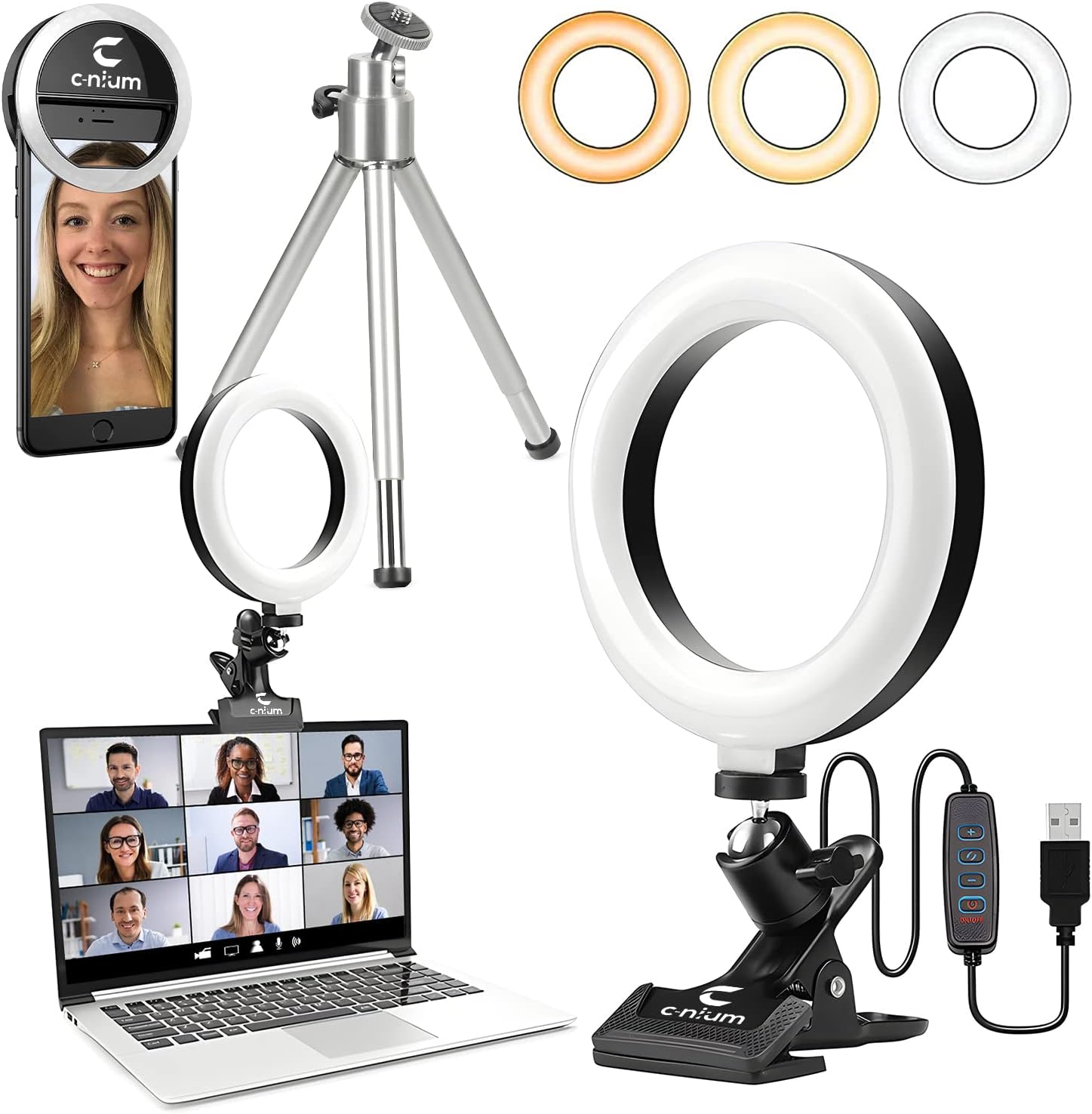 Video Conference Lighting Kit [with selfie light] 6-inch Webcam Light with Clip and Tripod for Remote Working, Distance Learning, Zoom Calls, Self Broadcasting, Selfie Ring Light for Mobile (Mobile)