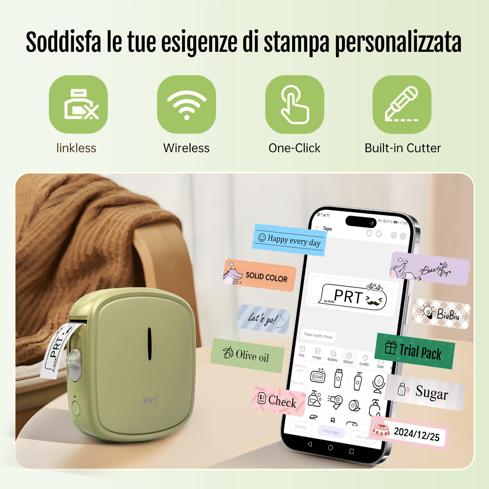 PRT Mini Etichettatrice Portatile Bluetooth Stampante Termica Etichette iOS Android Verde