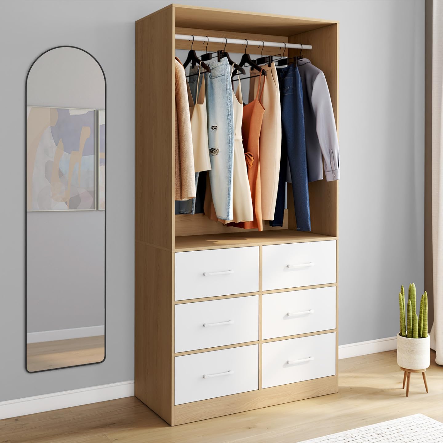 IDMarket - Dressing penderie L. 80 cm UPPAH avec 6 tiroirs bois façon hêtre et blanc
