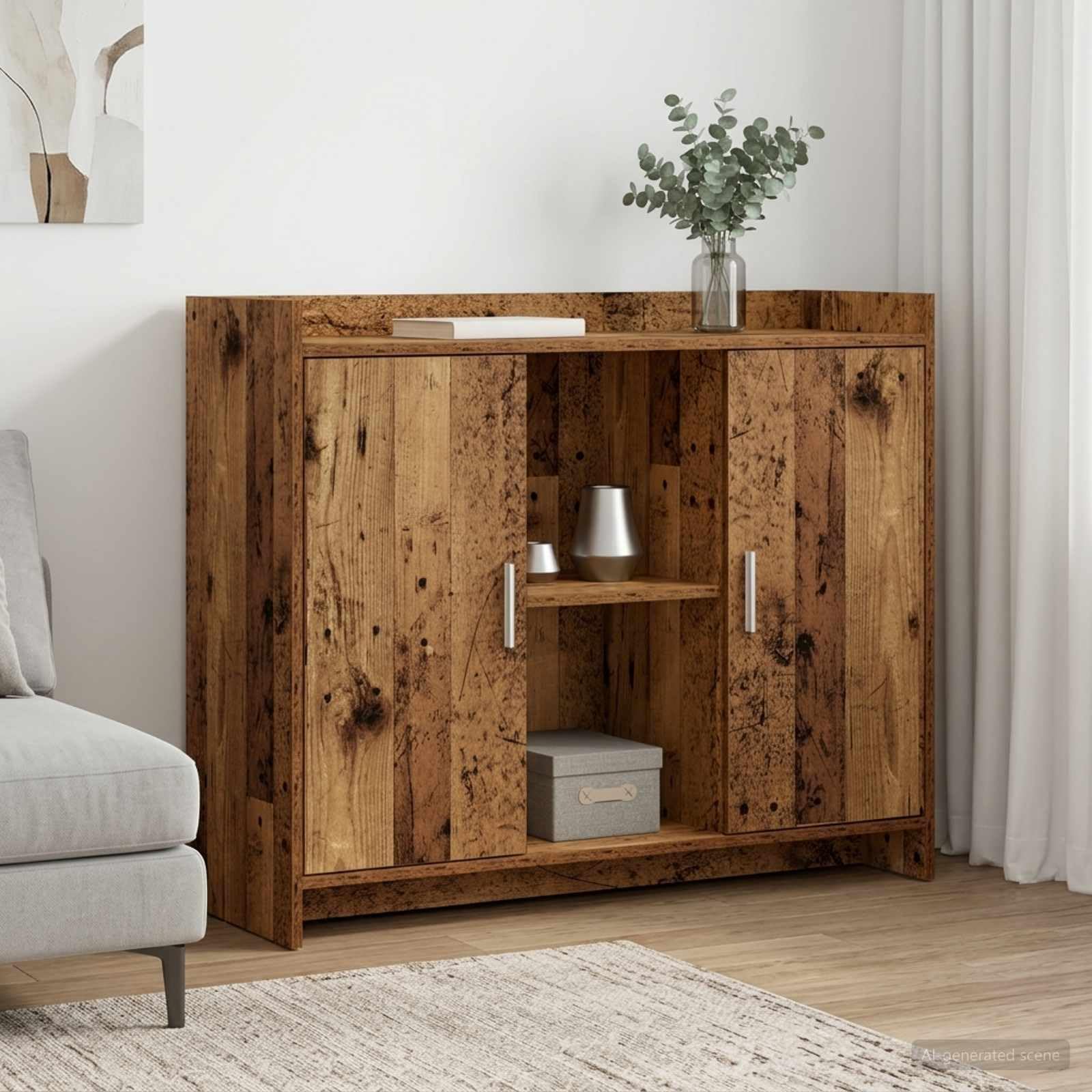 Aparador moderno de madera versatil con mucho espacio de almacenamiento y tiradores metalicos