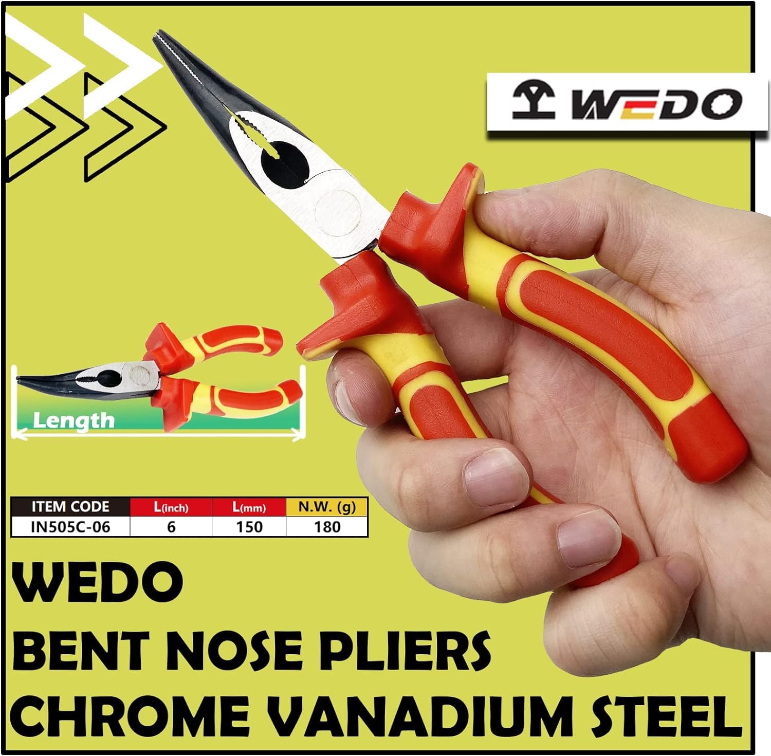 WEDO Insulated Round Bent Needle Nose Pliers 150mm(6"), 45 Degree Long Nose Pliers, VDE 1000V, with and Anti-Slip Handles - Image 2