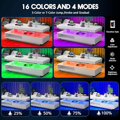 Miniatura 3 de Mesa de centro LED blanca para sala de estar, moderna mesa central inteligente de alto brillo con almacenamiento, mesa auxiliar rectangular de 2