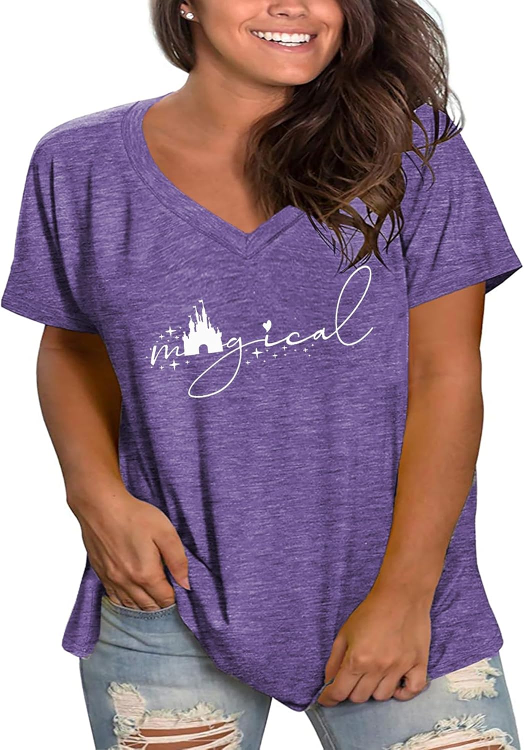 Plus Size Magical Shirts Women Magic Castle V Neck T Shirts Short Sleeve Tshirts Summer Tops - Image 2