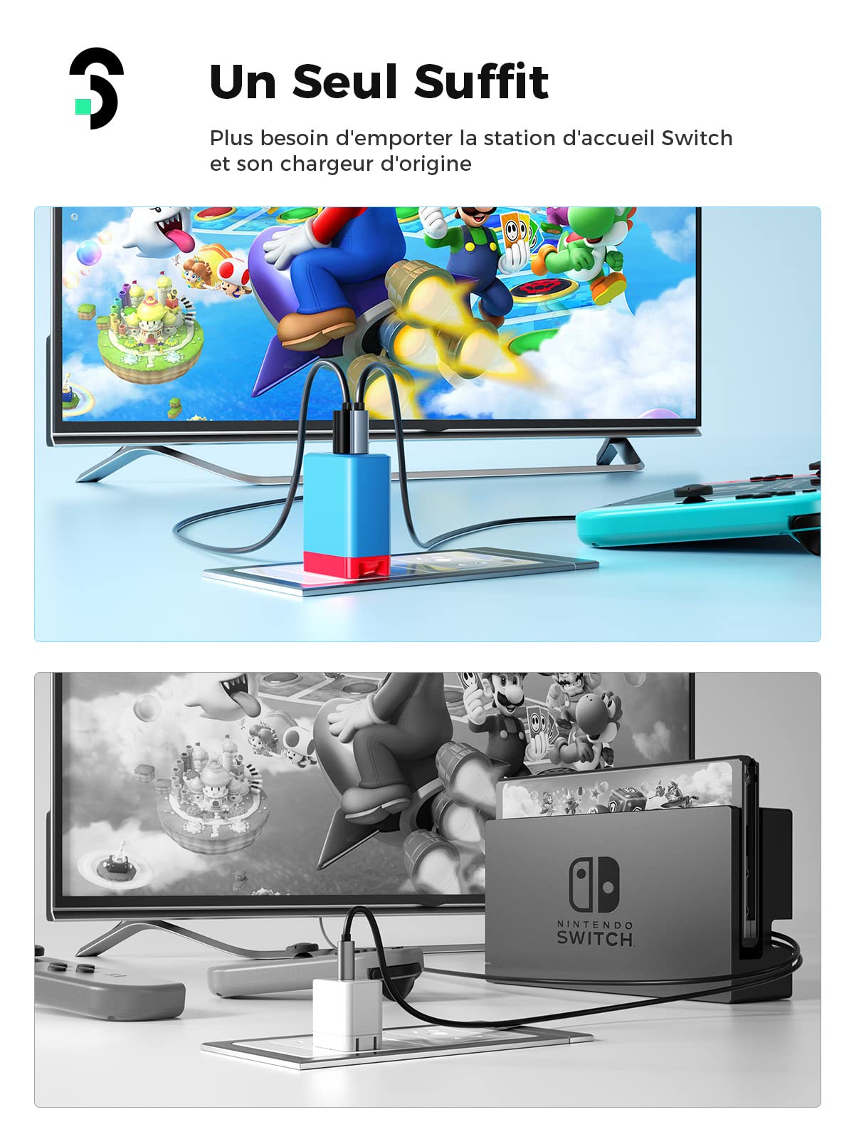 SOOMFON 3 en 1 Adaptateur Secteur 65W pour Nintendo Switch Switch TV Dock Portable et Chargeur avec HDMI et Port USB-C, USB-A, Chargeur Switch Station Compatible avec Switch OLED/Steam Deck