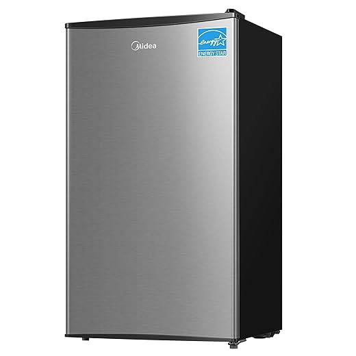 Midea MERM33S1AST Mini Fridge, 3.3 Cu.ft Compact Fridge with Internal Light, Adjustable Thermostat, Reversible Door, Low Noise for Dorm, Office, Bedroom, Stainless Steel