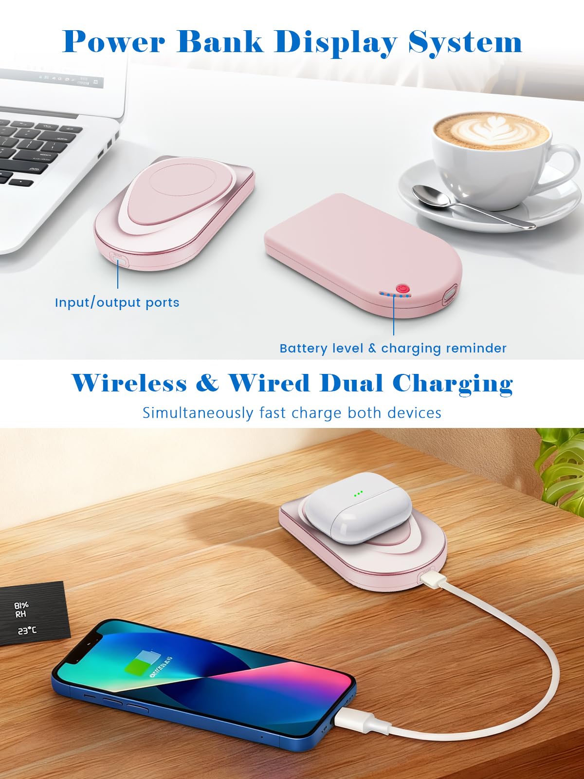 Cargador portátil magnético, cable USB-C inalámbrico de 10000 mAh, batería compatible con Magsafe, batería externa para iPhone 17/16/15/14/13/12, Android (rosa)