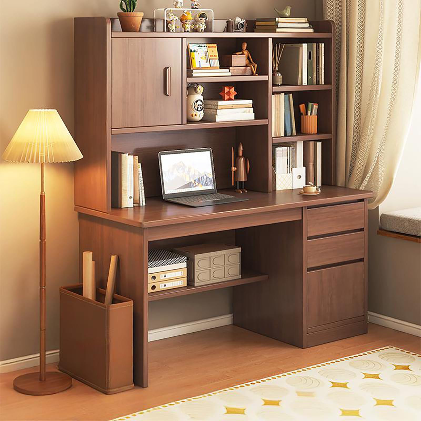 FBNMG Integrated Desk with Large Capacity Storage, Computer Desk with Bookshelves and Drawers, Study Desk Workstation for Home Office Bedroom Living Room(Width 47.2"(120cm), Walnut)