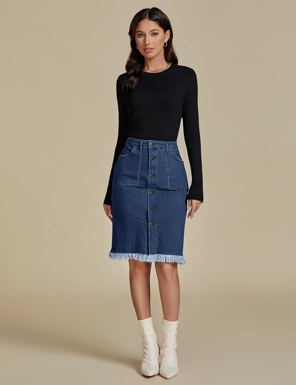 luvamia Women's Casual Mid Rise Button Down Frayed Raw Hem Denim Jean Midi Skirt - Image 9