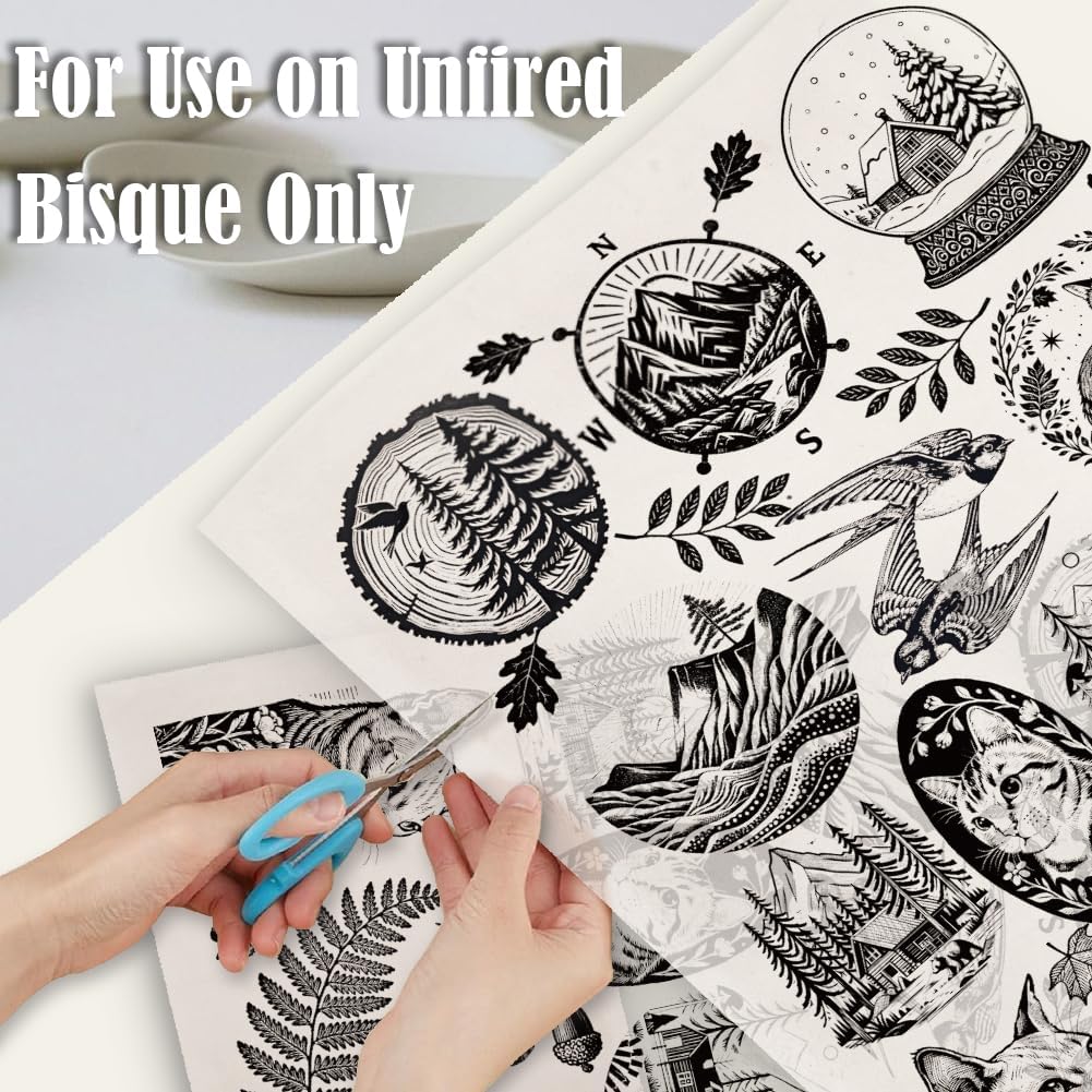SUPERDANT 4PCS Mountain Scenery Underglaze Paper Transfer Cat Animal Transfer Paper for Clay Ceramic Porcelain Under Glaze Transfers for Pottery Enamel Decals Black Underglaze Decal Papers