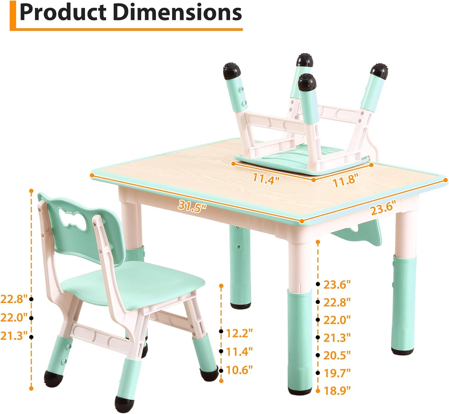 Garvee Kids Table and 4 Chair Set,32 in Height Adjustable Toddler Table and Chairs Set with Non-Slip Desk Legs&Organizer Graffiti Desktop, Preschool Activity Art Craft Tables for 4(Teal)
