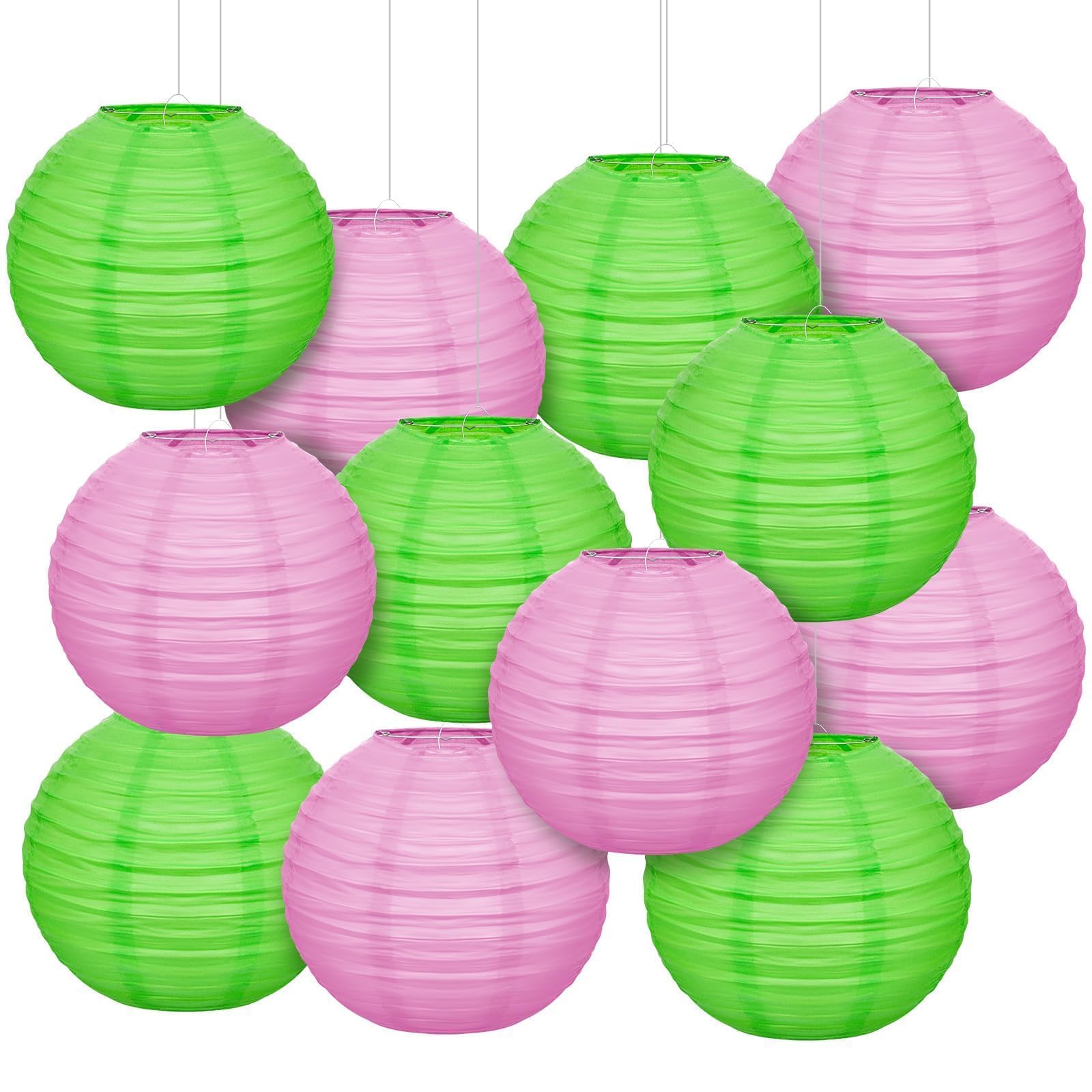 12PCS Witch Pink and Green Paper Lanterns, 10 Inch Hanging Round Paper Lanterns Party Decorations for Birthday Wedding Baby Shower Tea Martini Cactus