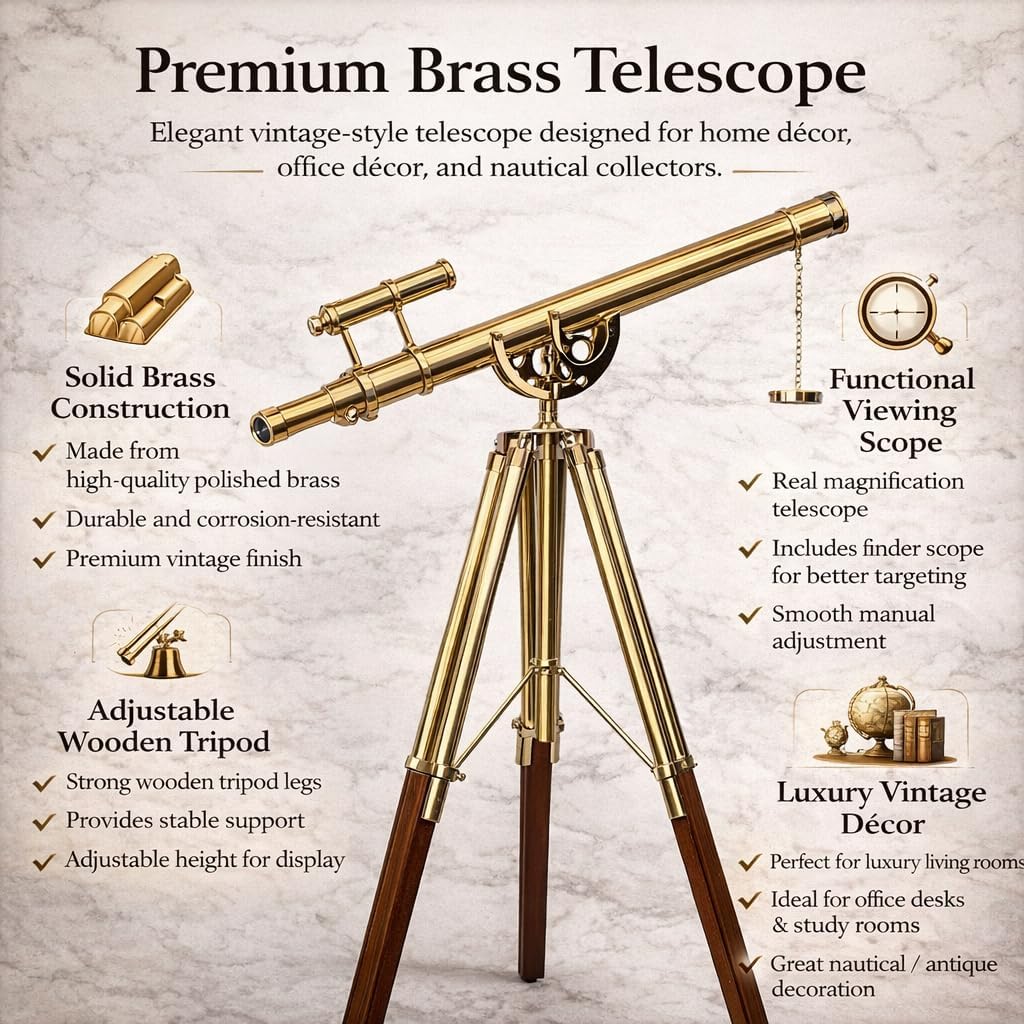 Nautical Double Barrel Shiny Brass Antique Telescope Floor Standing Wooden/Brass Stand Home Collectible Stand Brown Adjustable Tripod - Navirock
