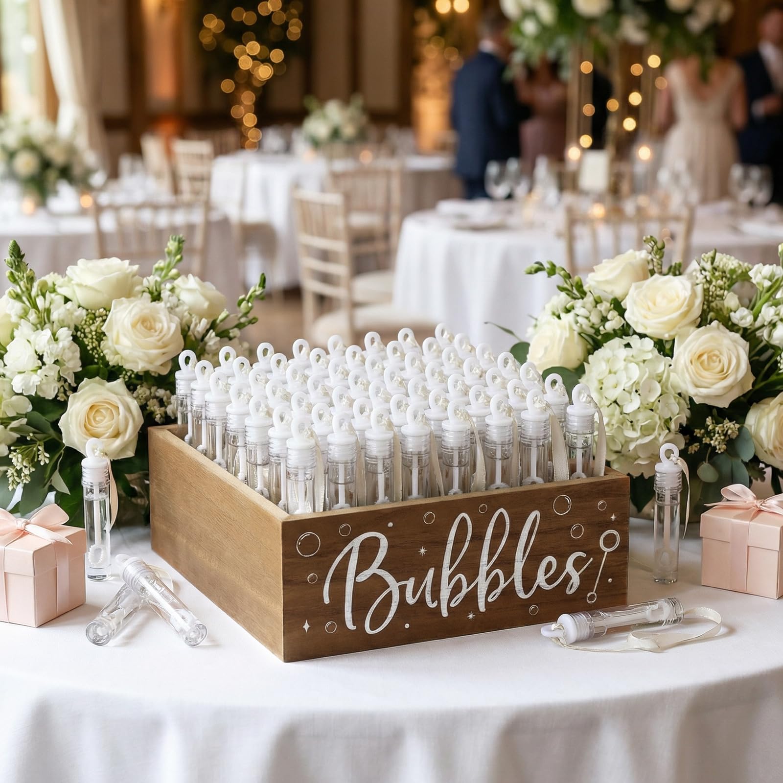 Photo 1 of Jingmore Wedding Bubbles Holder Wedding Send Off Bubble Wands Tray for Anniversary Family Reunion Bridal Shower Party Supplies, Excluded Bubbles, 7.87x7.87x2.95 Inch(Brown,Classic)