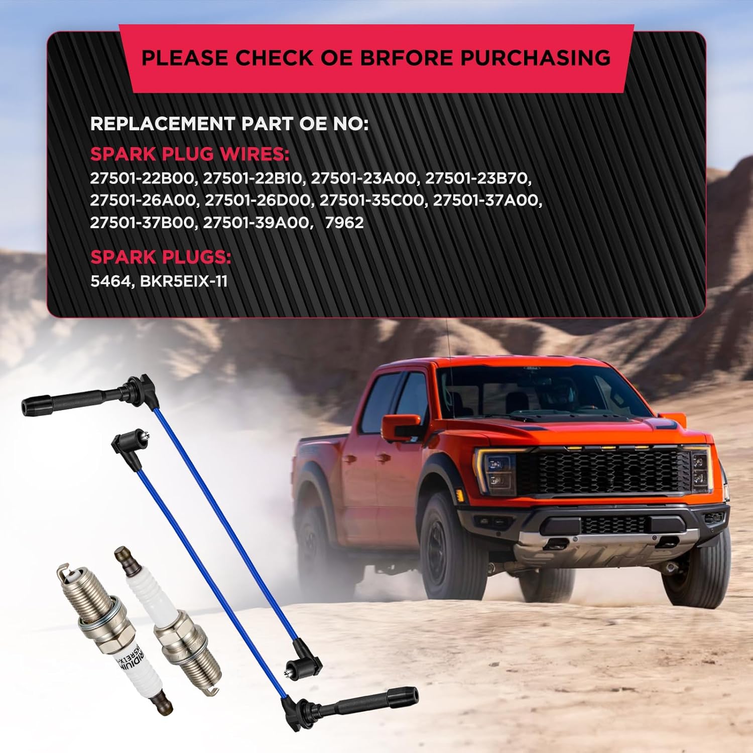 BDFHYK 5464 Spark Plugs & 7962, 27501-22b00 Spark Plug Wires, High performance Spark Plug wire set Compatible With Hyundai&Compatible With Kia