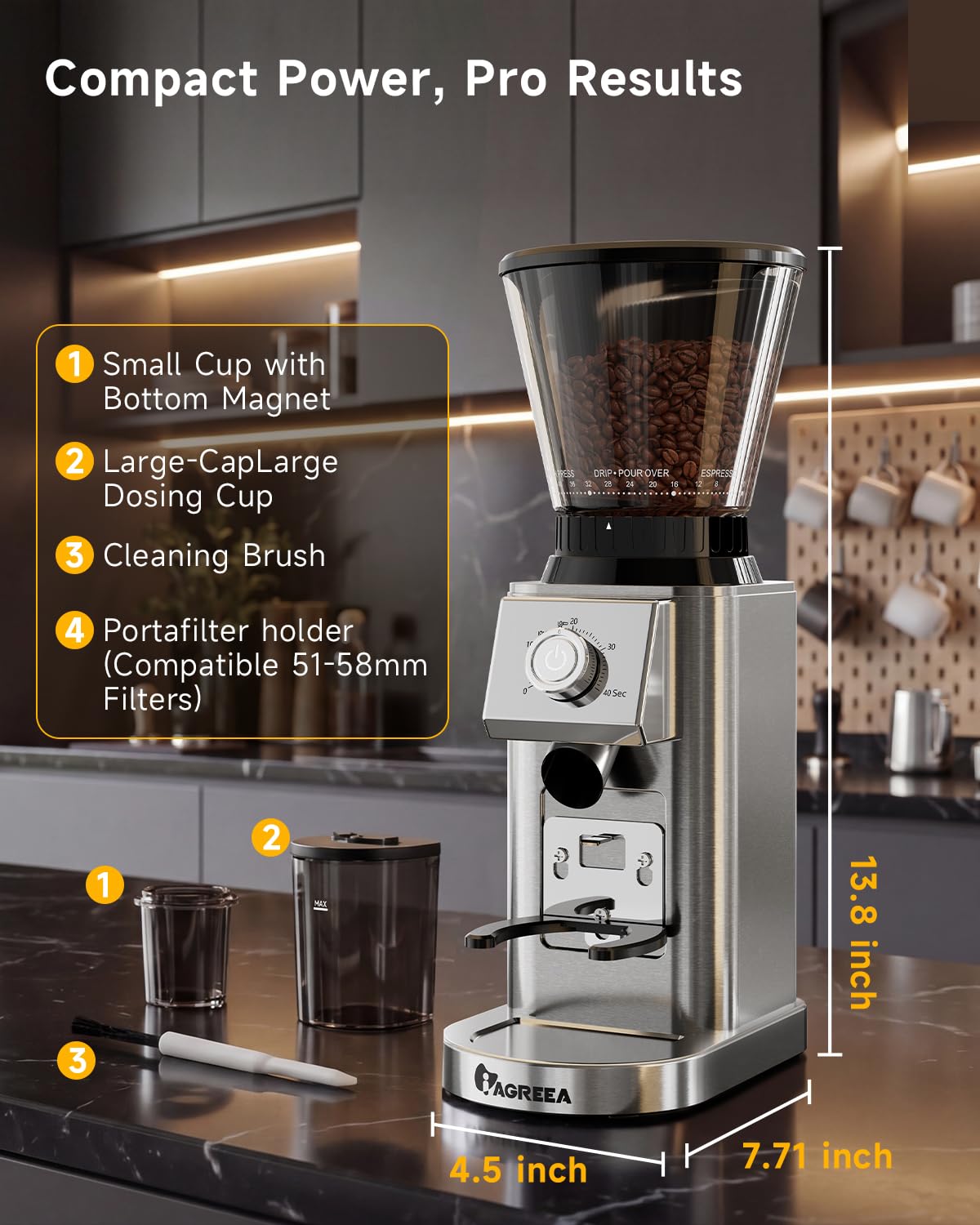 IAGREEA Molinillo de café cónico de acero inoxidable con 48 ajustes precisos para café expreso con control de molienda antiestático, perilla giratoria ajustable para uso doméstico